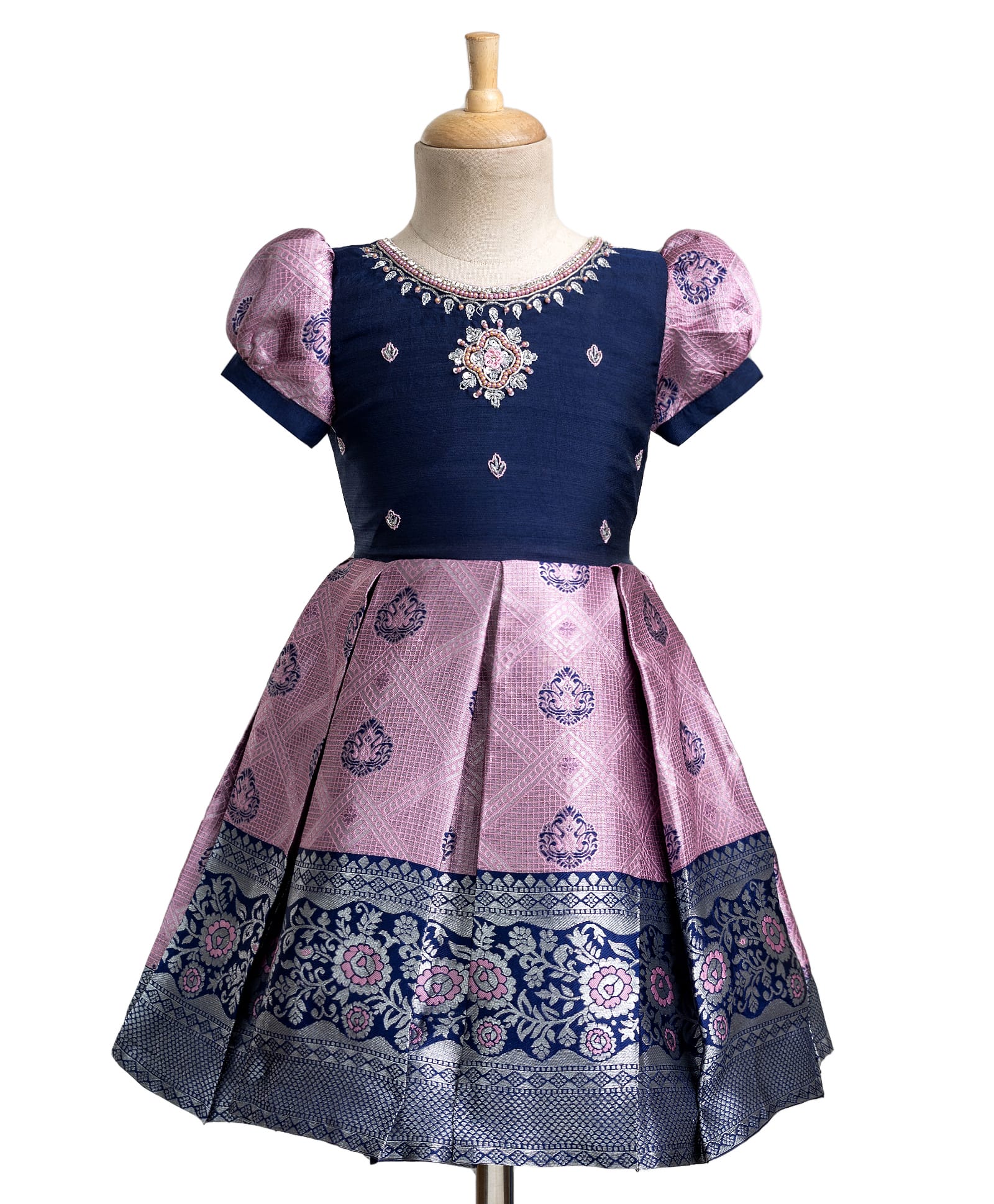 Enfance Silk Woven Half Sleeves Floral Banarasi Printed & Embroidered Pattu Pavdai Dress - Navy Blue-picture-5