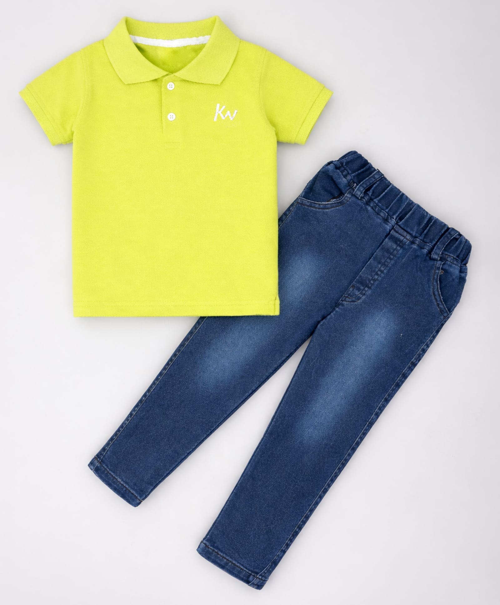 HRIT Cotton Knit Half Sleeves Solid Polo Tee With Jeans Set - Neon Green & Blue