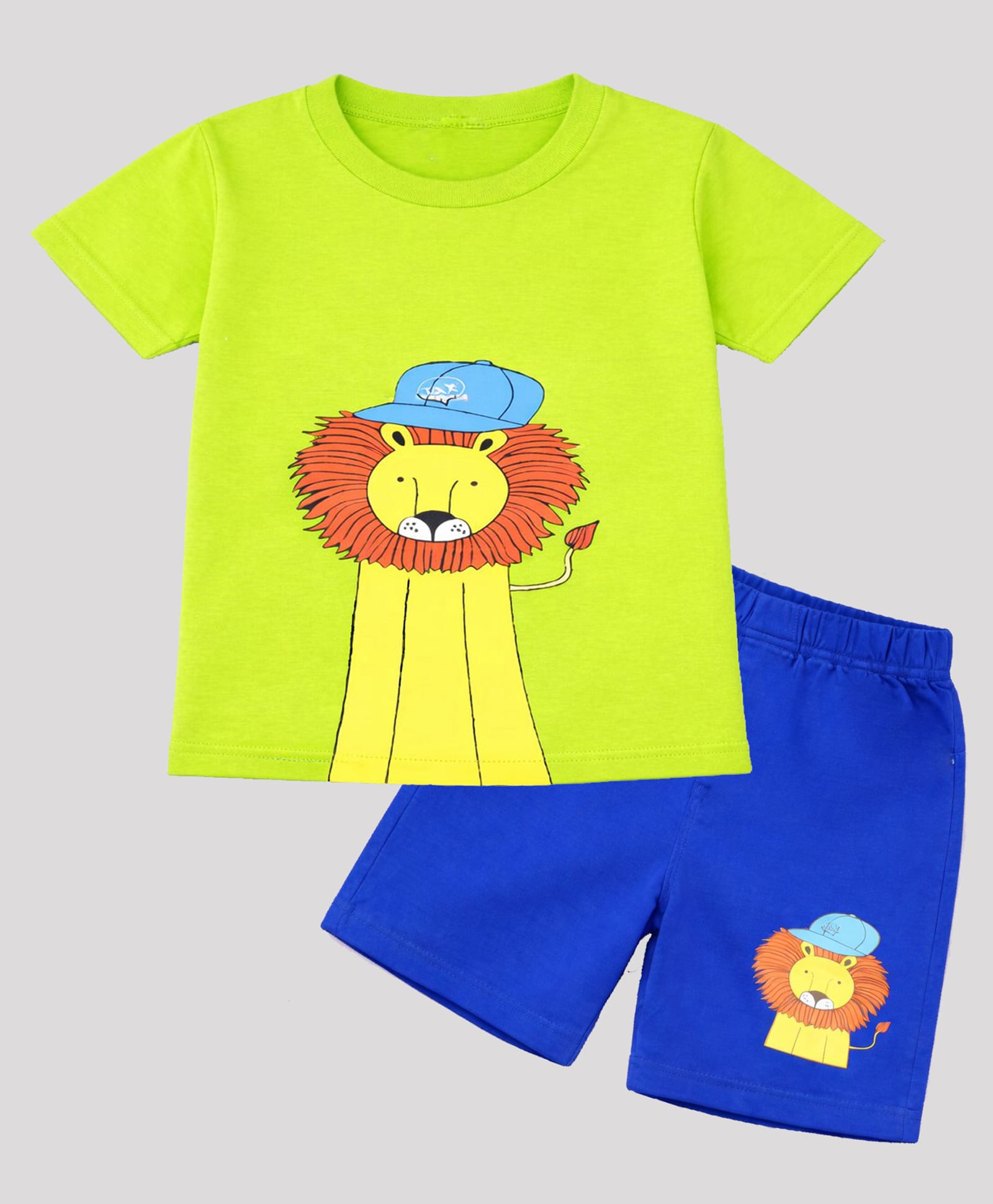 HRIT Cotton Knit Half Sleeves Lion Printed Tee & Shorts Set - Green & Royal Blue-picture-2