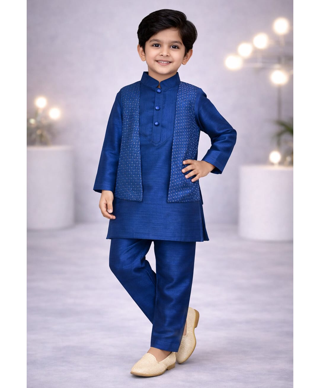 HRIT Cotton Woven Full Sleeves Solid Kurta & Pyjama With Sequin Embellished Jacket - Blue-picture-0