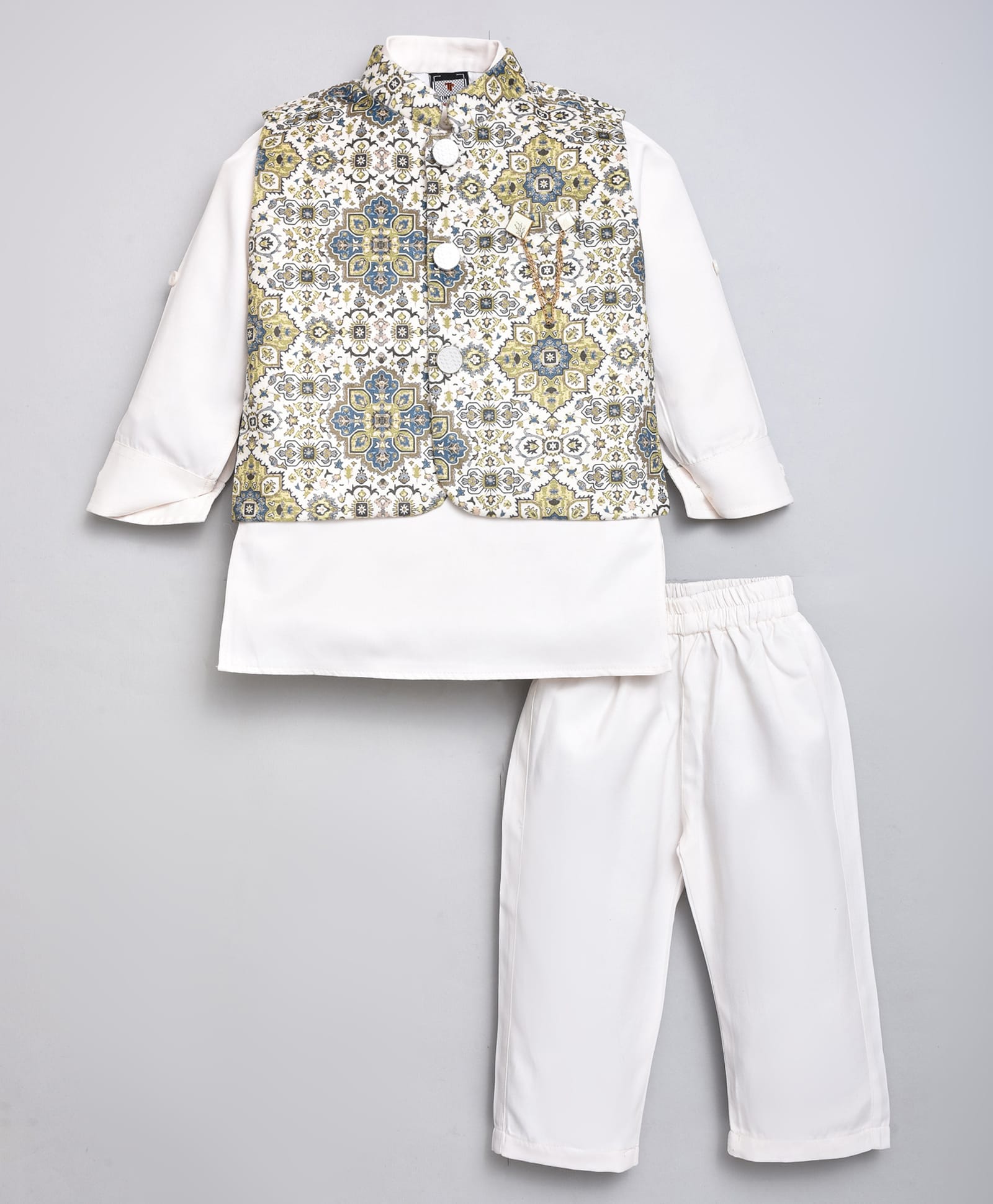 HRIT Cotton Woven Full Sleeves Solid Kurta & Pyjama With Floral Printed Jacket - Green & White-picture-38