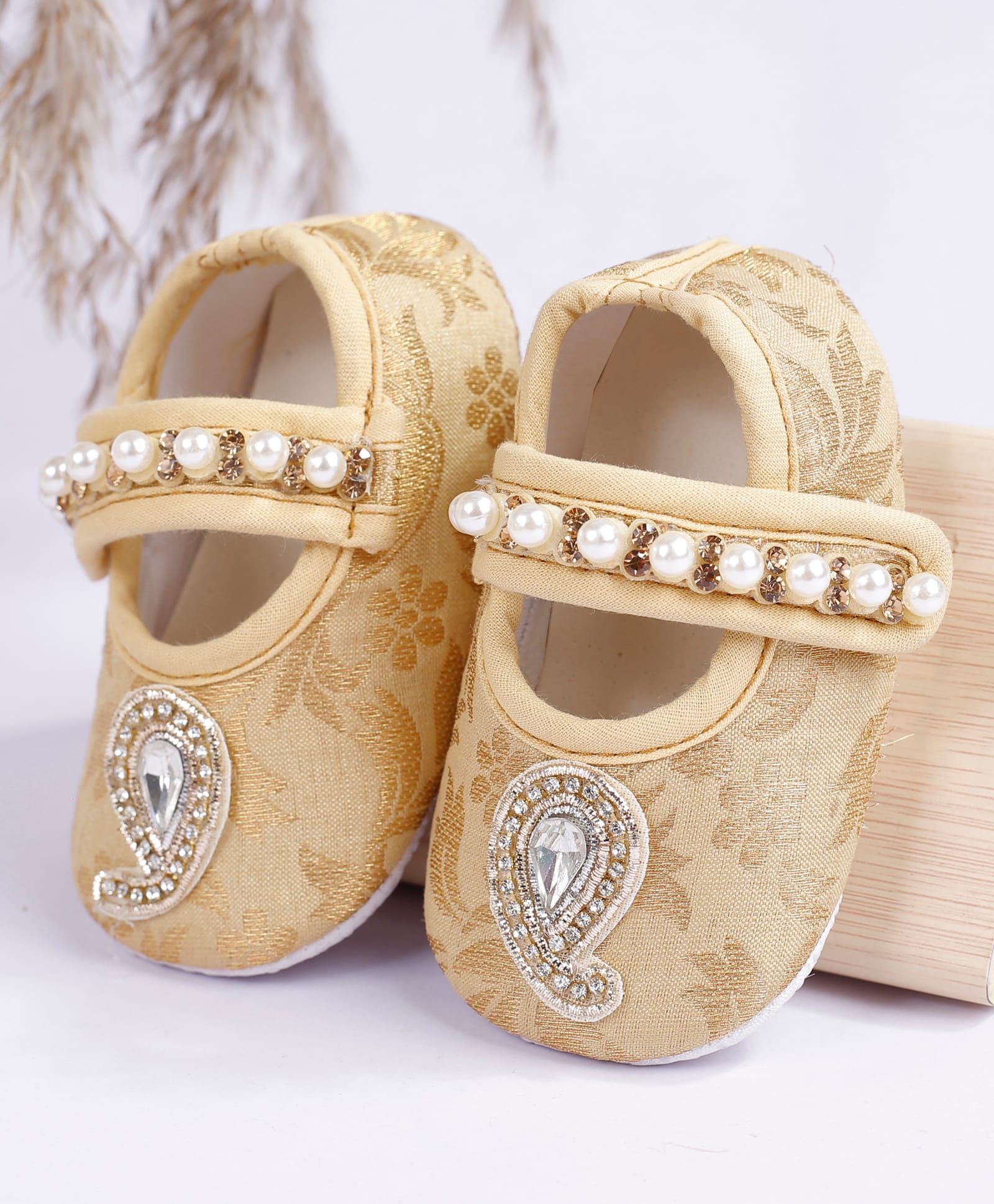 Coco Candy Stones & Pearl Embellished Velcro Closure Booties - Golden-picture-46