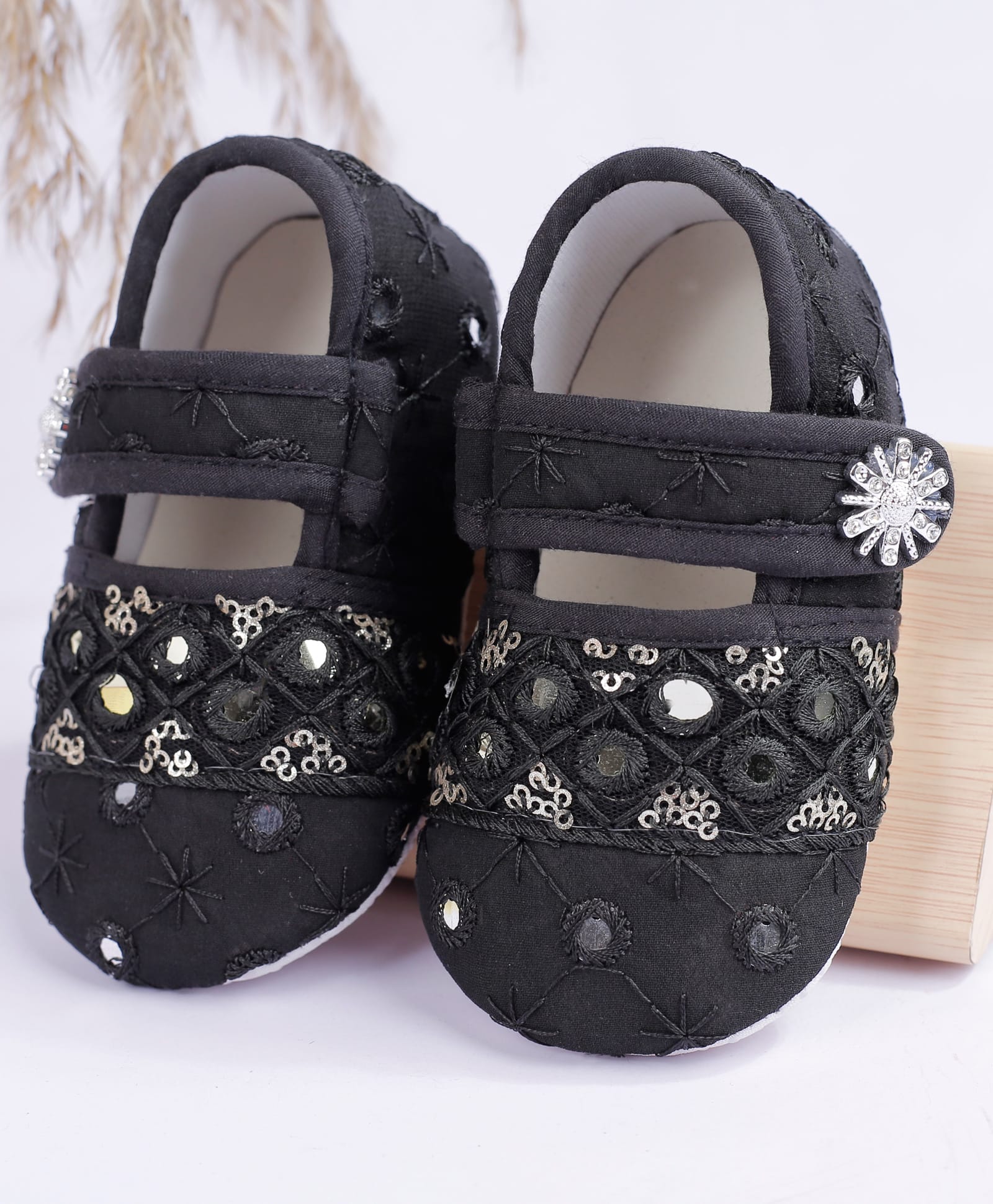 Coco Candy Mirror Detailed Sequin Embellished Velcro Closure Booties - Black-picture-17