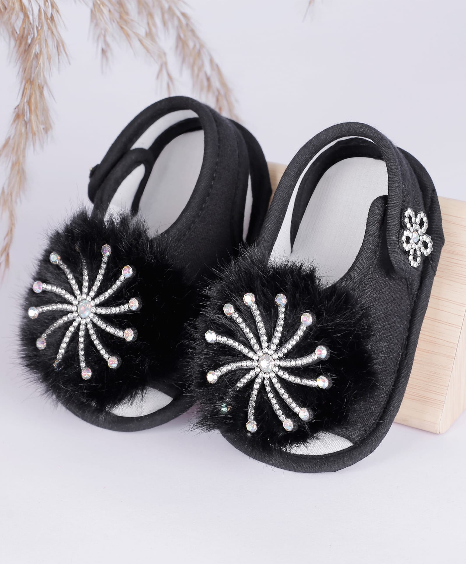 Coco Candy Fur Detailed & Stones Applique Velcro Closure Sandals - Black-picture-27