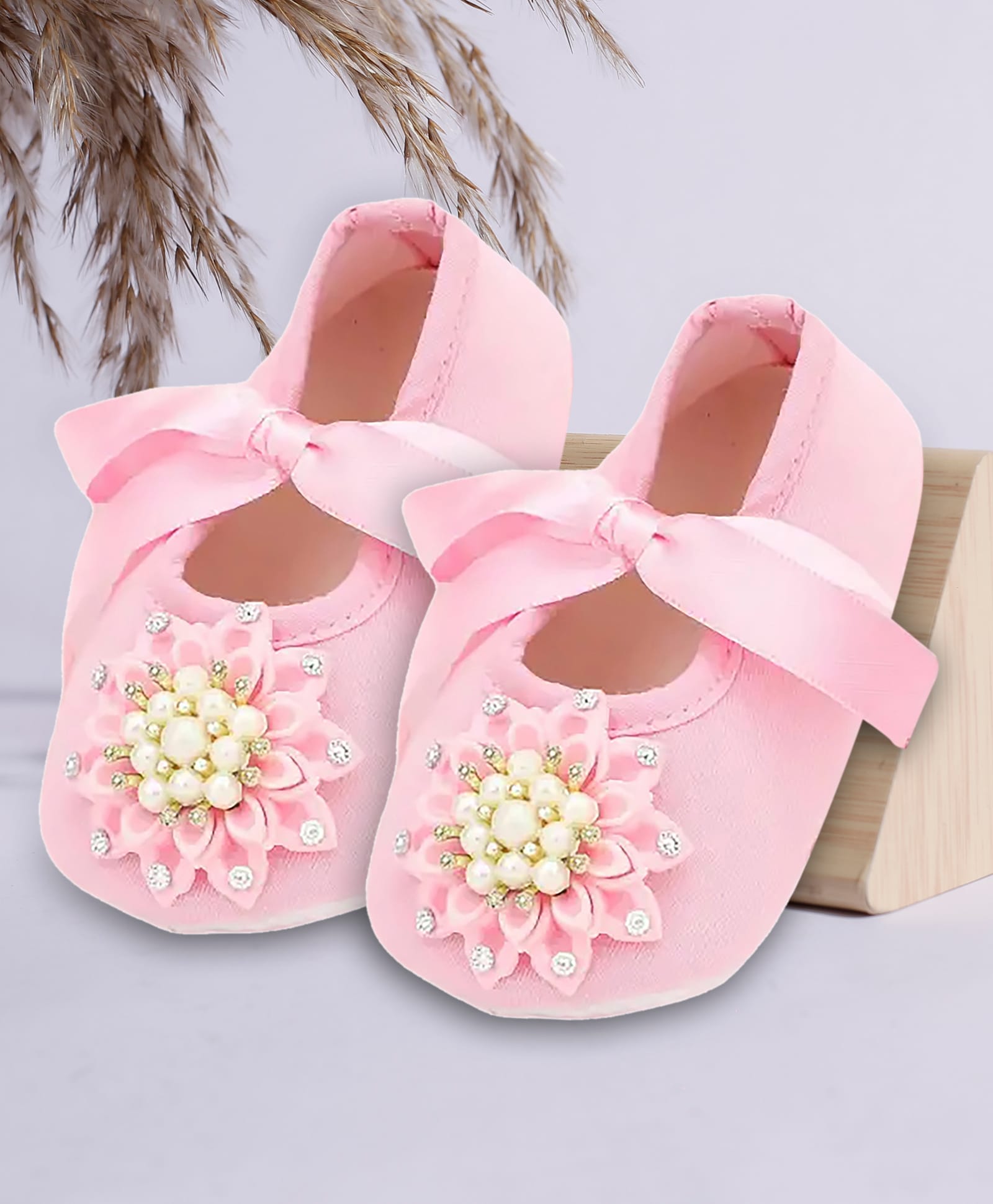 Coco Candy Floral Applique & Pearl Embellished Tie Up Booties - Pink-picture-12