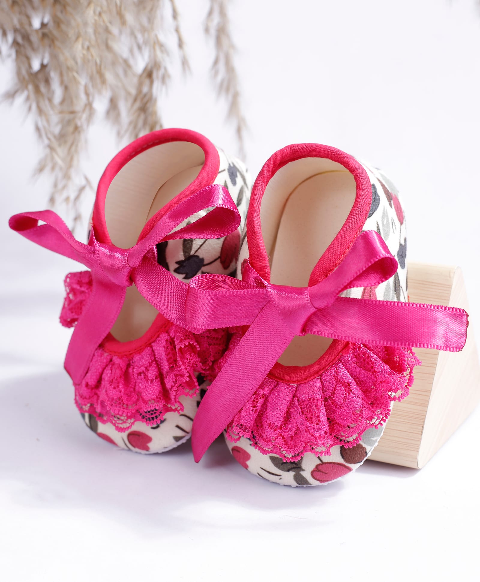 Coco Candy Floral Printed Frill Detailed Tie Up Booties - Dark Pink-picture-25