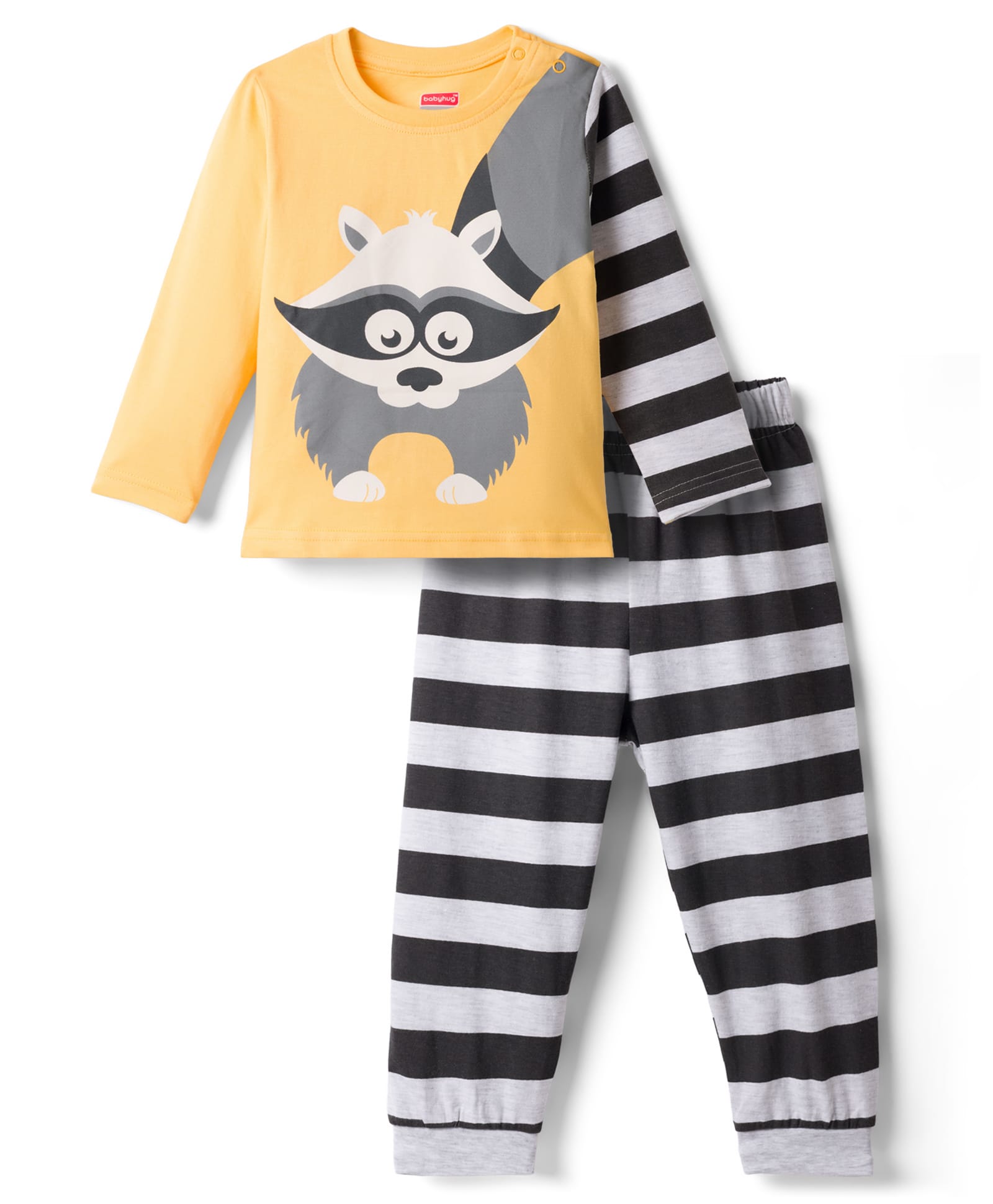 Babyhug Full Sleeves T-Shirt & Striped Pyjama Night-Suit With Fox Print - Orange & Black-image-33