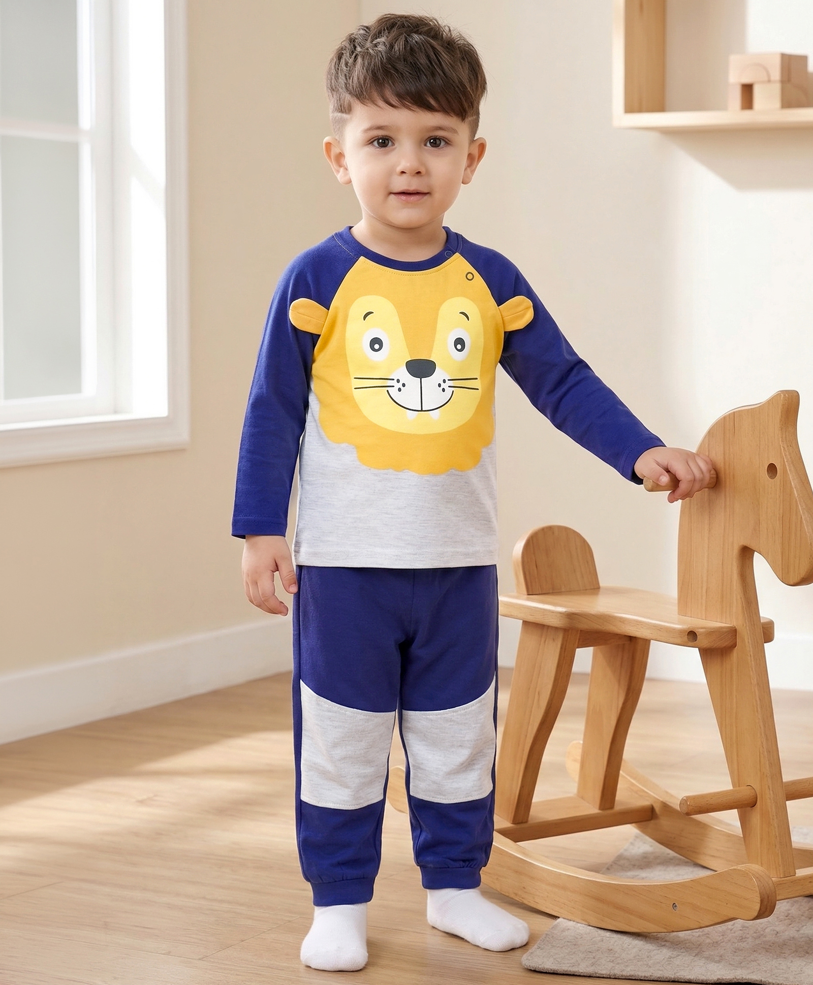 Babyhug Cotton Knit Full Raglan Sleeves T-Shirt & Pyjama Night-Suit With Lion Print - Navy Blue-picture-20