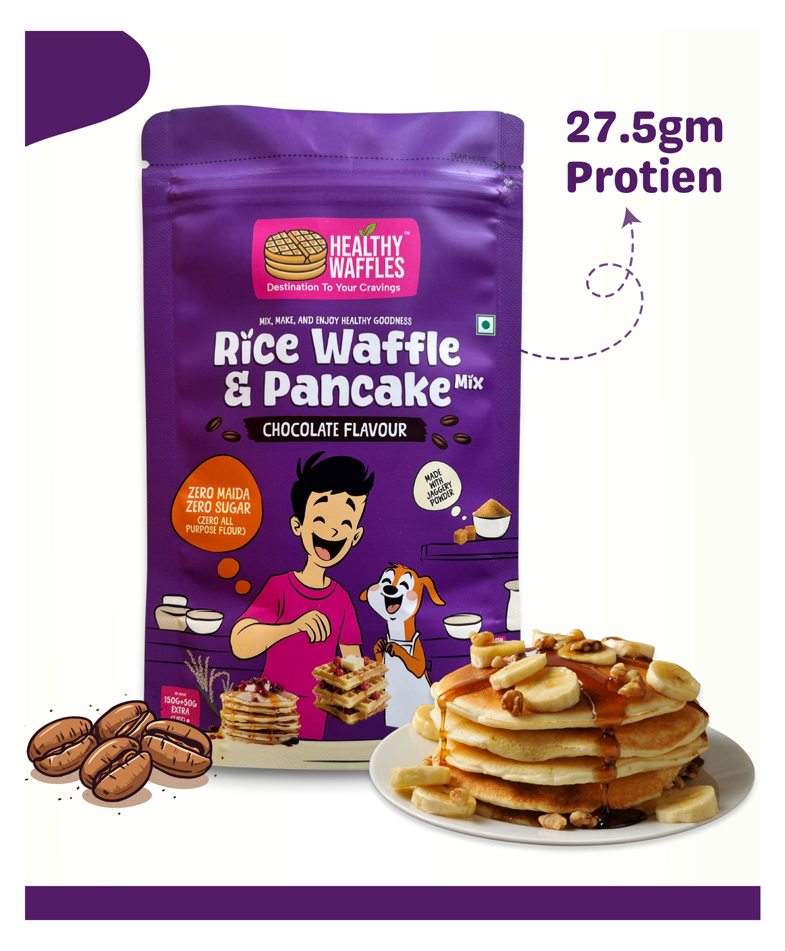HEALTHY WAFFLES No Maida No Sugar Waffle & Pancake Instant Breakfast Mix Made with Rice and Jaggery 100% Vegetarian Eggless Vegan Protein Rich Healthy Breakfast for Kids & Adults Rice Chocolate - 200g-image-11