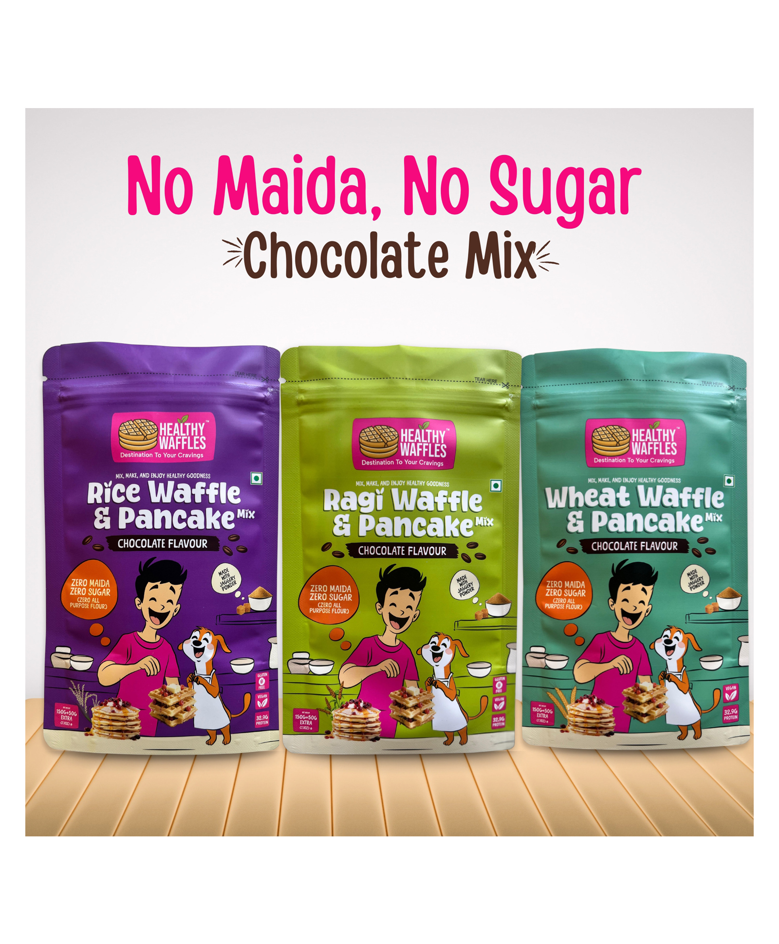 HEALTHY WAFFLES Waffle & Pancake Lovers Combo No Maida No Sugar No Preservatives 100% Vegetarian Eggless Vegan Gluten free Protein Rich Healthy Breakfast for Kids & Adults Pack of 3 - 200 gm each-image-2
