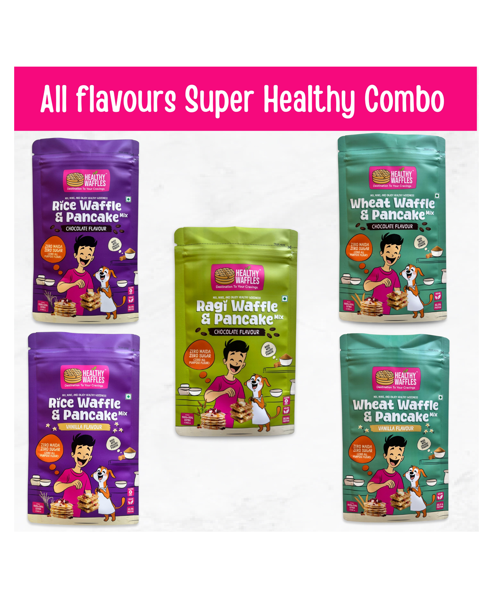 HEALTHY WAFFLES Waffle & Pancake Lovers Combo No Maida No Sugar No Preservatives 100% Vegetarian Eggless Vegan Gluten free Protein Rich Healthy Breakfast for Kids & Adults Pack of 5 - 200 g each-image-3