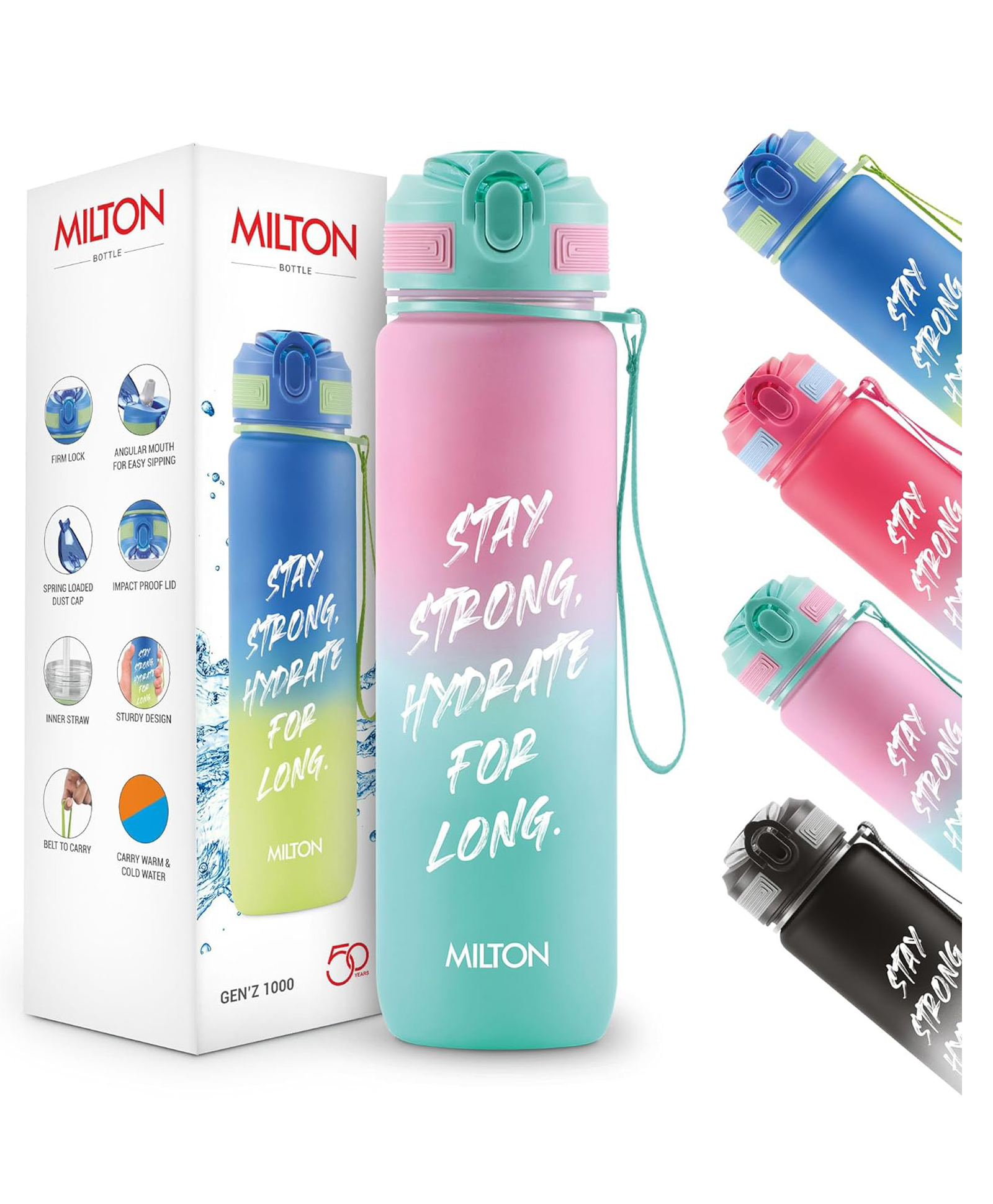 MILTON Gen'Z Water Bottle 1 ltr (Stay Strong), Motivational Water Bottles With Leak Proof Flip-Top Cap & Capacity Mark, Gym Bottle Sipper Water Bottle For Adults, Plastic, Pink-picture-10