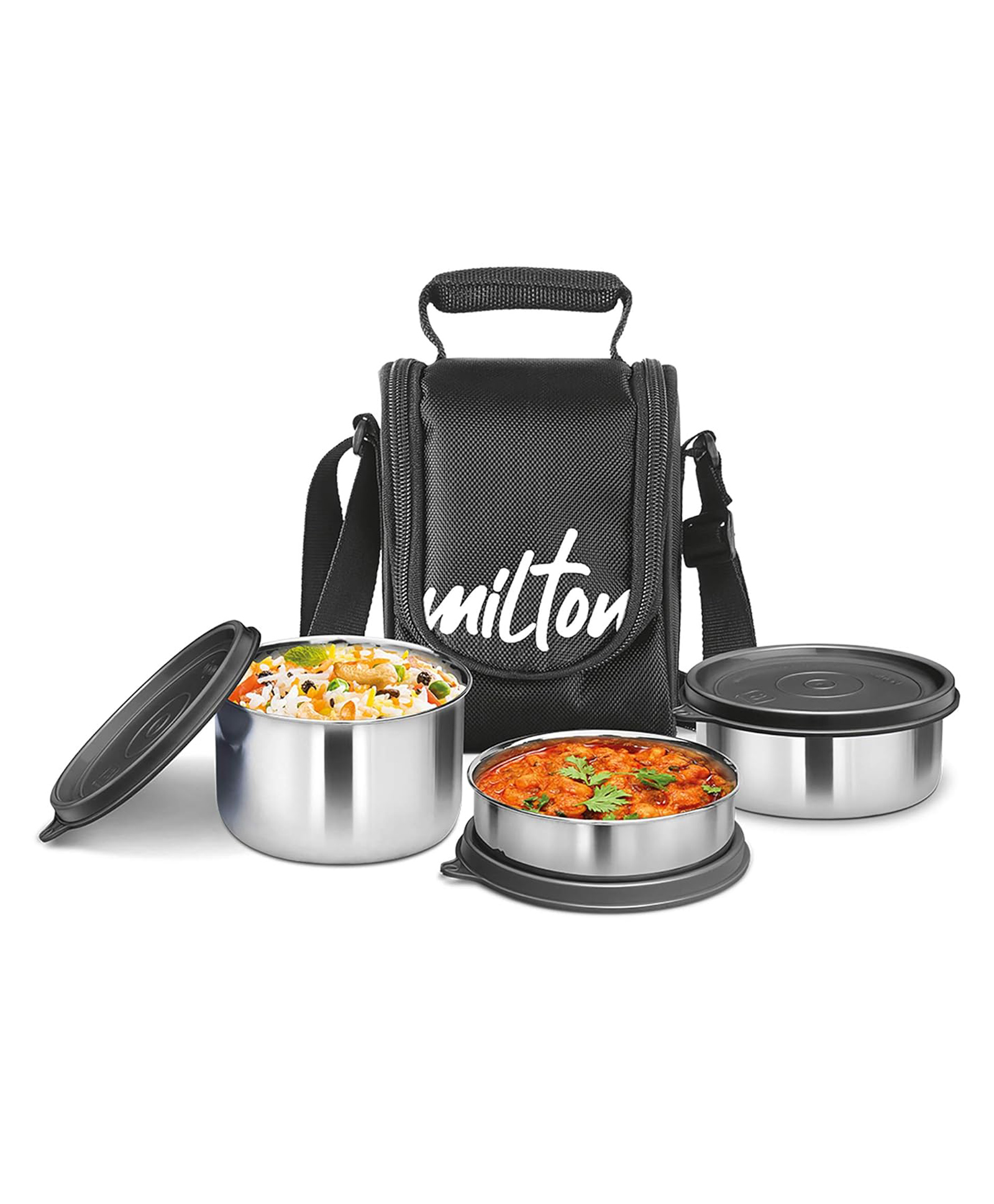 MILTON Tasty 3 Lunch Box with Insulated Fabric Jacket, 3 Stainless Steel Containers (210 ml, 340 ml, 500ml), Leak-Proof Tiffin for Office, College, Picnic, Black-image-33
