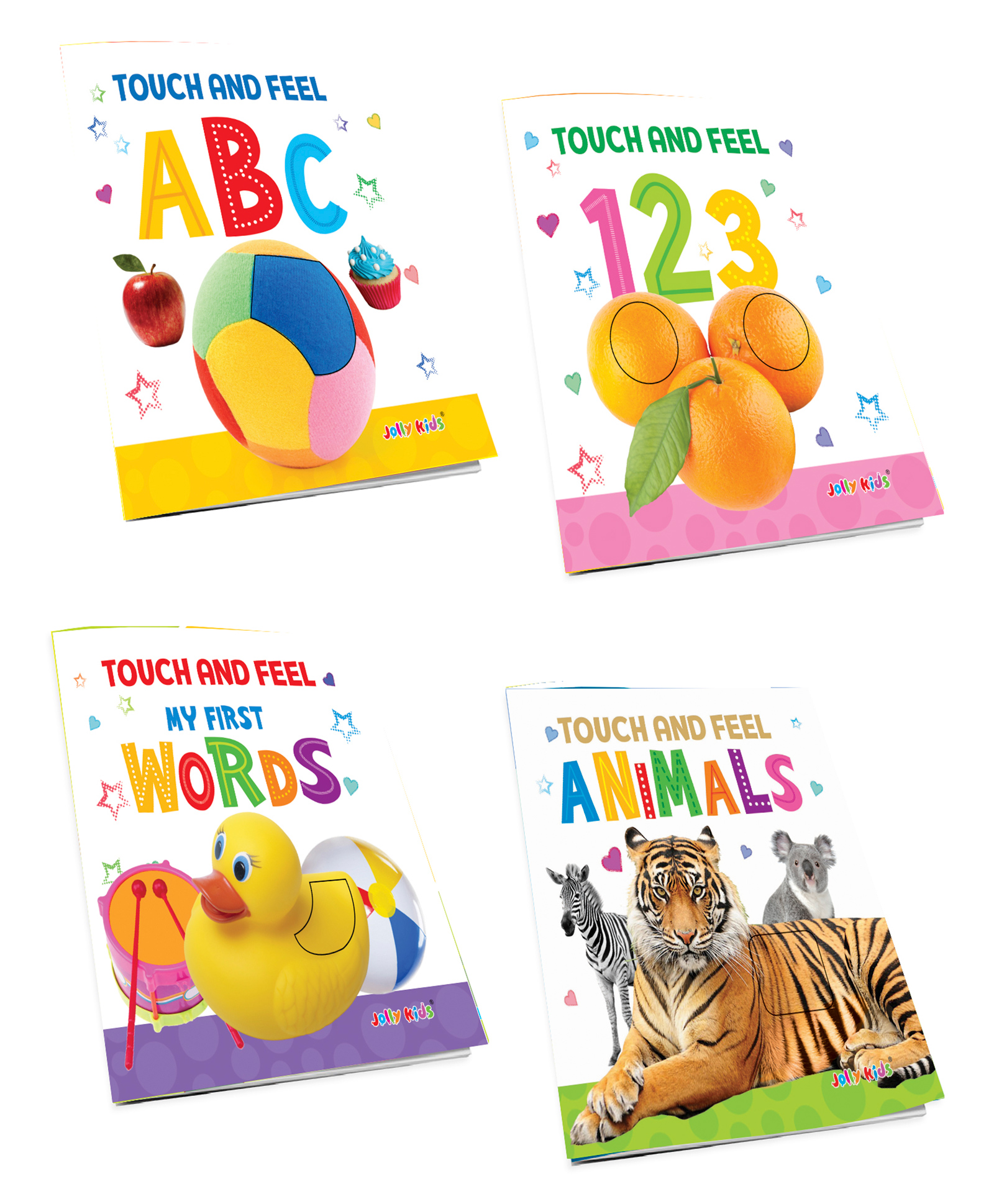 Jolly Kids Touch & Feel Alphabet, Numbers, My First Words, Animals Picture Learning Sensory Development Padded Books Set of 4 - English-image-5