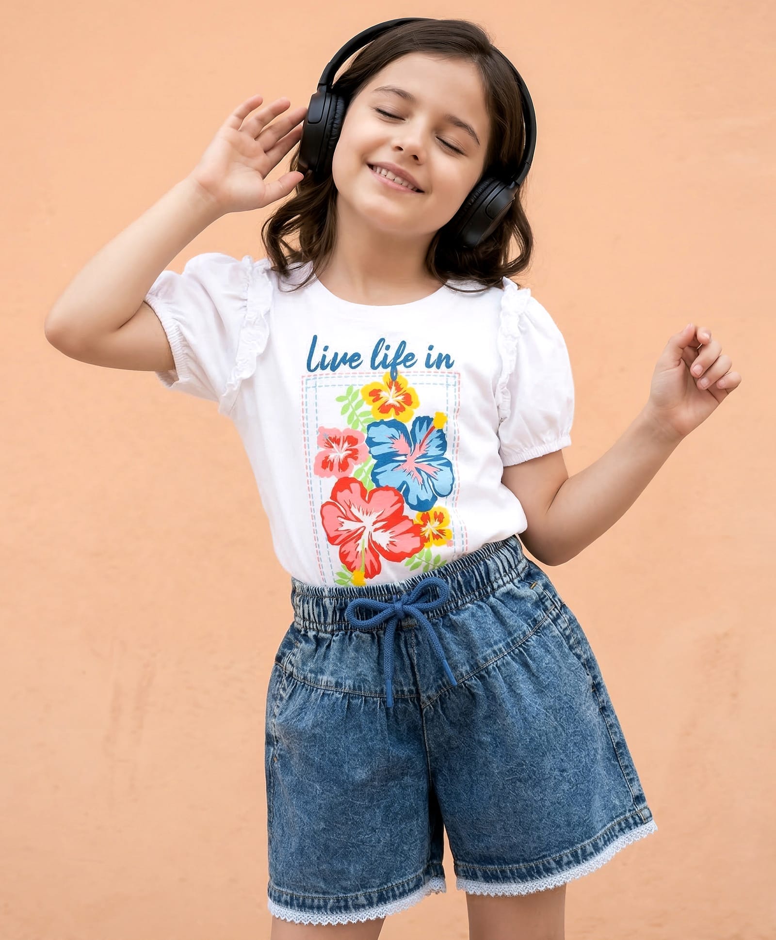OLLINGTON ST. Cotton Knit Half Sleeves Top & Stretchable Denim Shorts Set - Off White & Blue-image-35