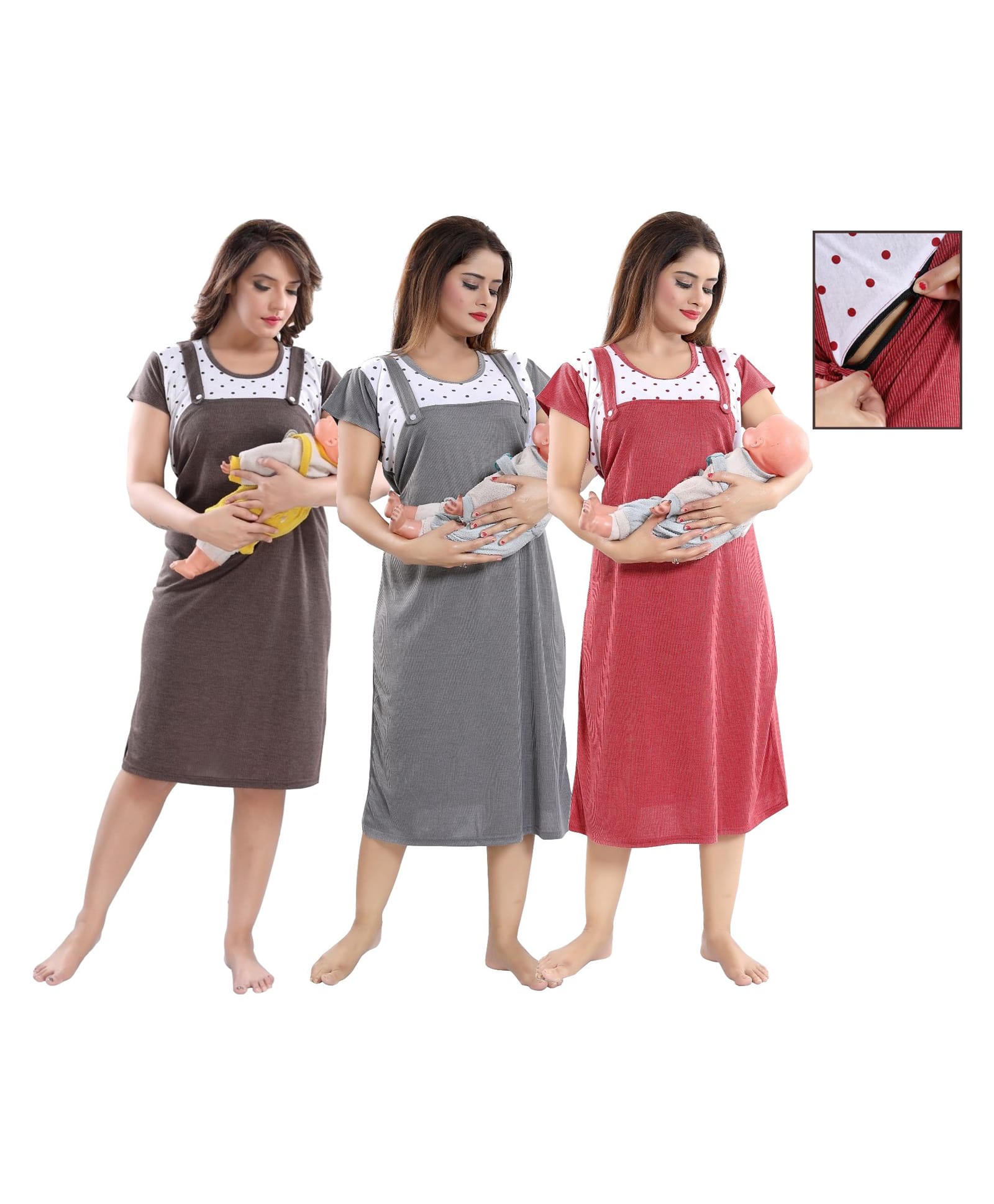 Fabme Woven Half Sleeves Half Sleeves Polka Dots Printed Maternity Nighties With Side Zipper Nursing Acesss - Chocolate Grey & Maroon-image-4