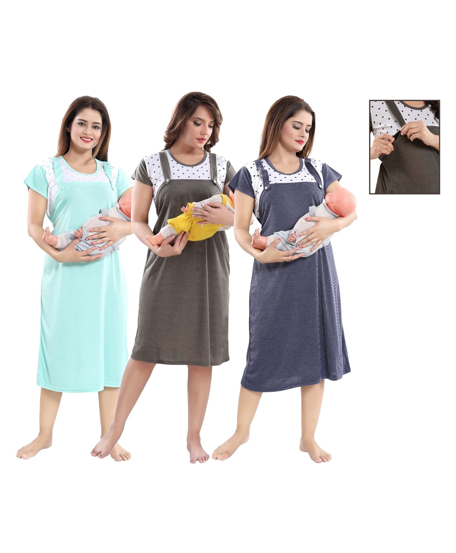 Fabme Woven Pack Of 3 Half Sleeves Half Sleeves Polka Dots Printed Maternity Nighties With Side Zipper Nursing Access - Green Mehendi Green & Blue-picture-36
