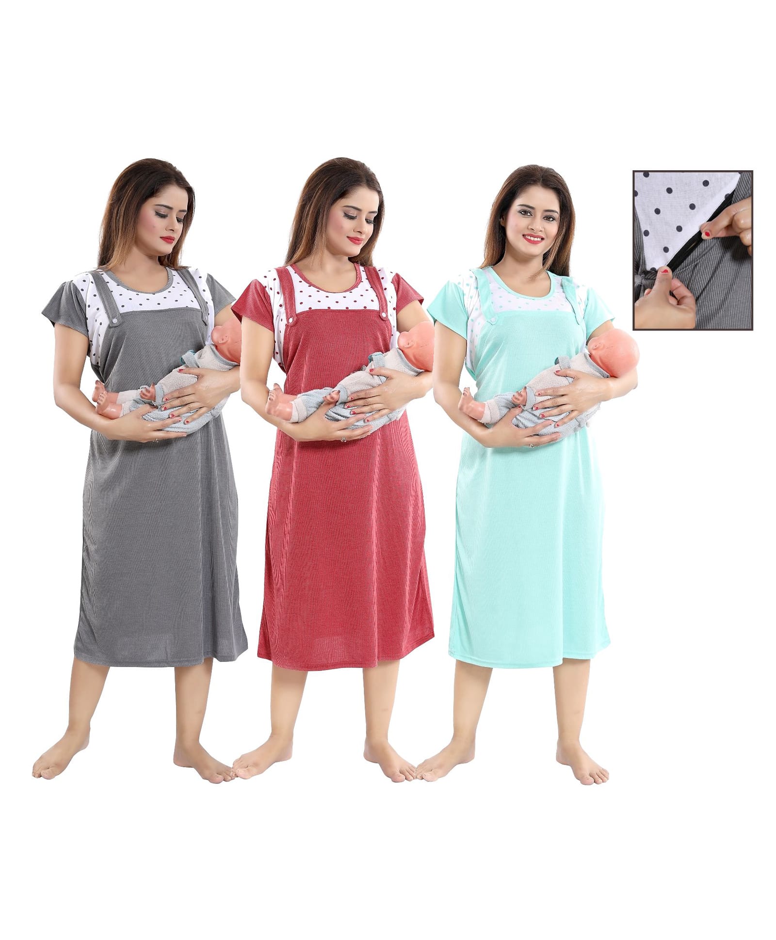 Fabme Woven Pack Of 3 Half Sleeves Half Sleeves Polka Dots Printed Maternity Nighties With Side Zipper Nursing Access - Grey Maroon & Green-picture-37