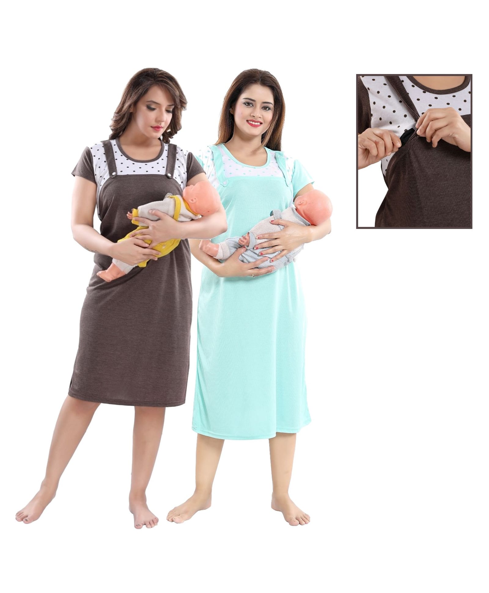 Fabme Woven Pack Of 2 Half Sleeves Half Sleeves Polka Dots Printed Maternity Nighties With Side Zipper Nursing Access - Chocolate Brown & Green-image-21