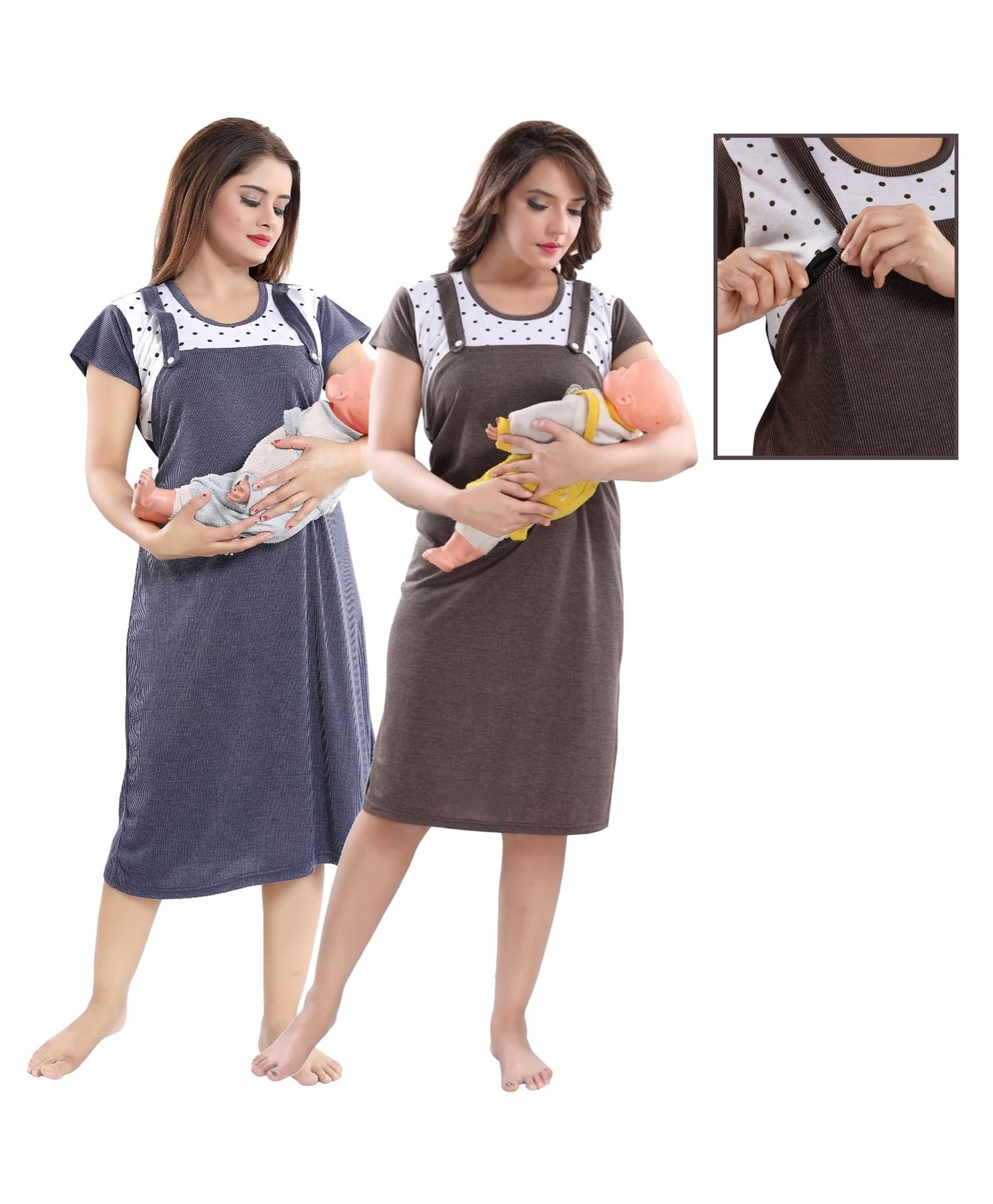 Fabme Woven Pack Of 2 Half Sleeves Polka Dots Printed Maternity Nighties With Side Zipper Nursing Access - Chocolate & Blue-image-16