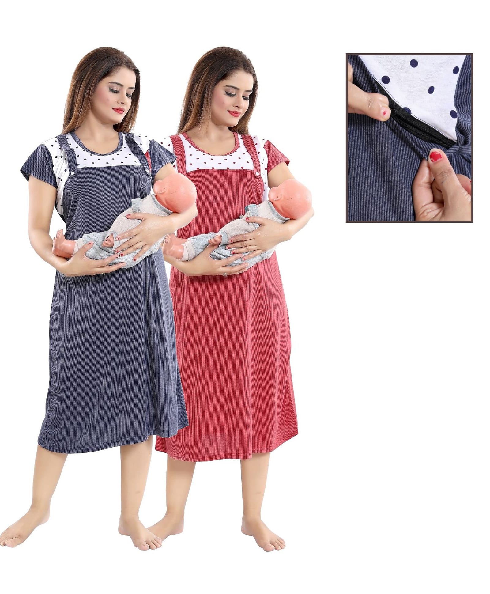 Fabme Woven Pack Of 2 Half Sleeves Polka Dots Printed Maternity Nighties With Side Zipper Nursing Access - Maroon & Blue-image-48