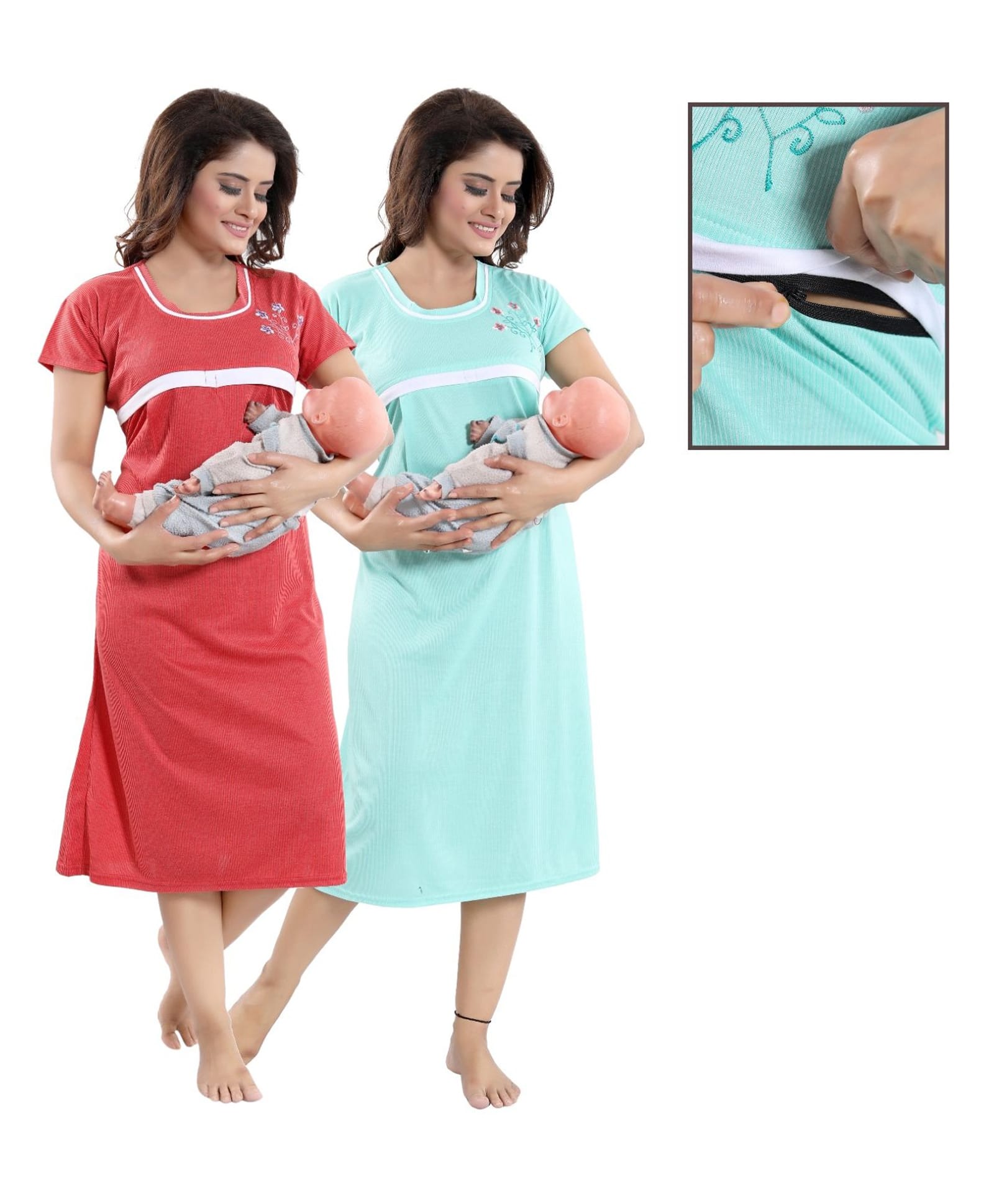 Fabme Woven Pack Of 2 Half Sleeves Floral Embroidered Maternity Nighties With Overlap Zipper Nursing Access - Green & Red-image-6