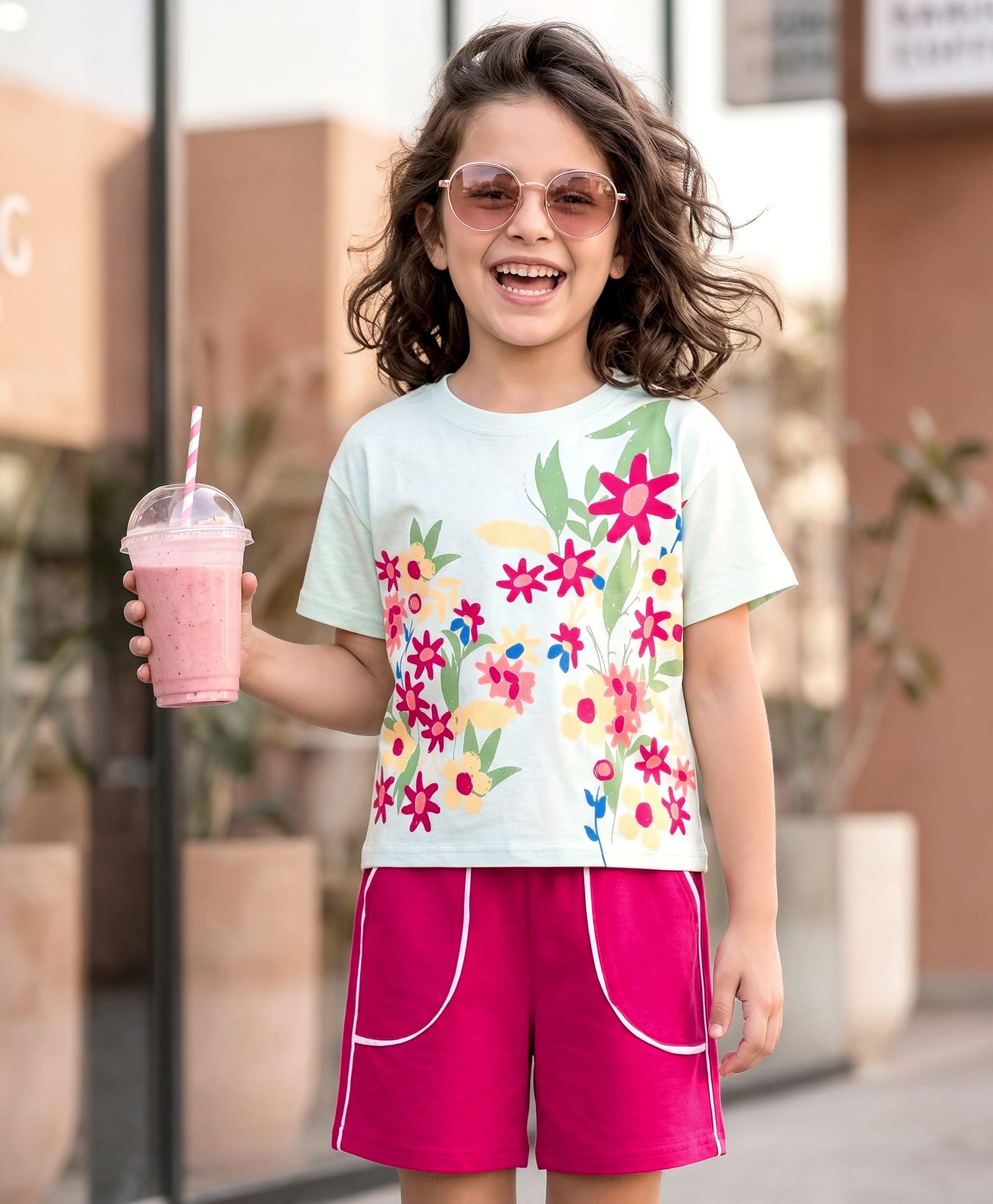 OLLINGTON ST. Cotton Knit Half Sleeves Top With Print & Shorts Set - White & Dark Pink-image-43