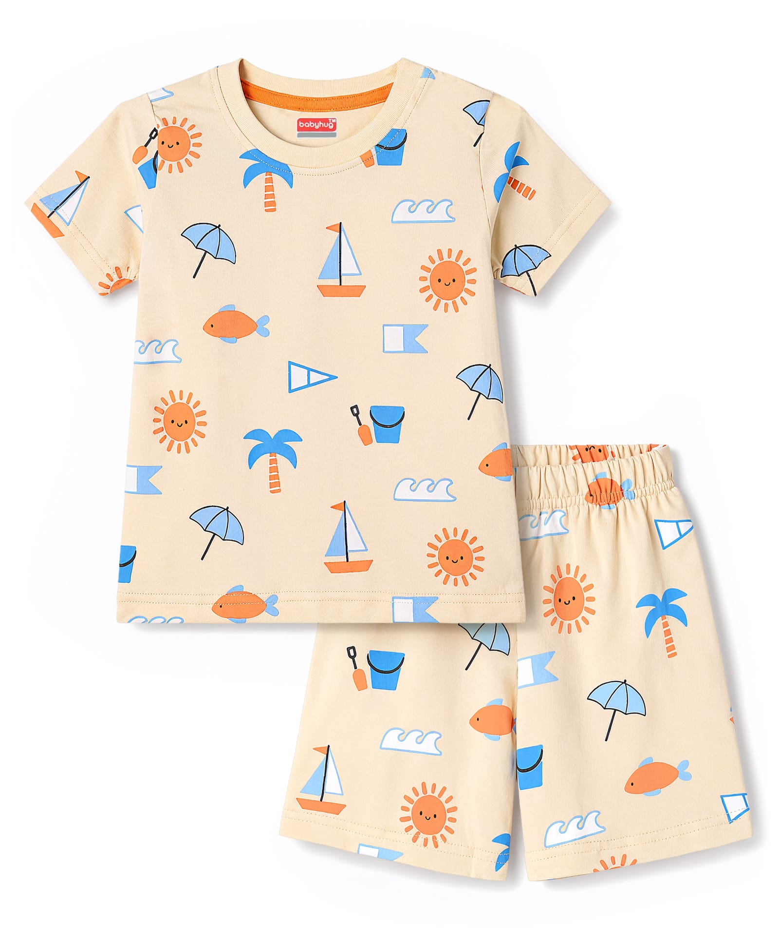 Babyhug Cotton Knit Half Sleeves Co-Ord T-Shirt & Shorts Night Suit With Tropical Theme Print - Blue & Cream-image-39