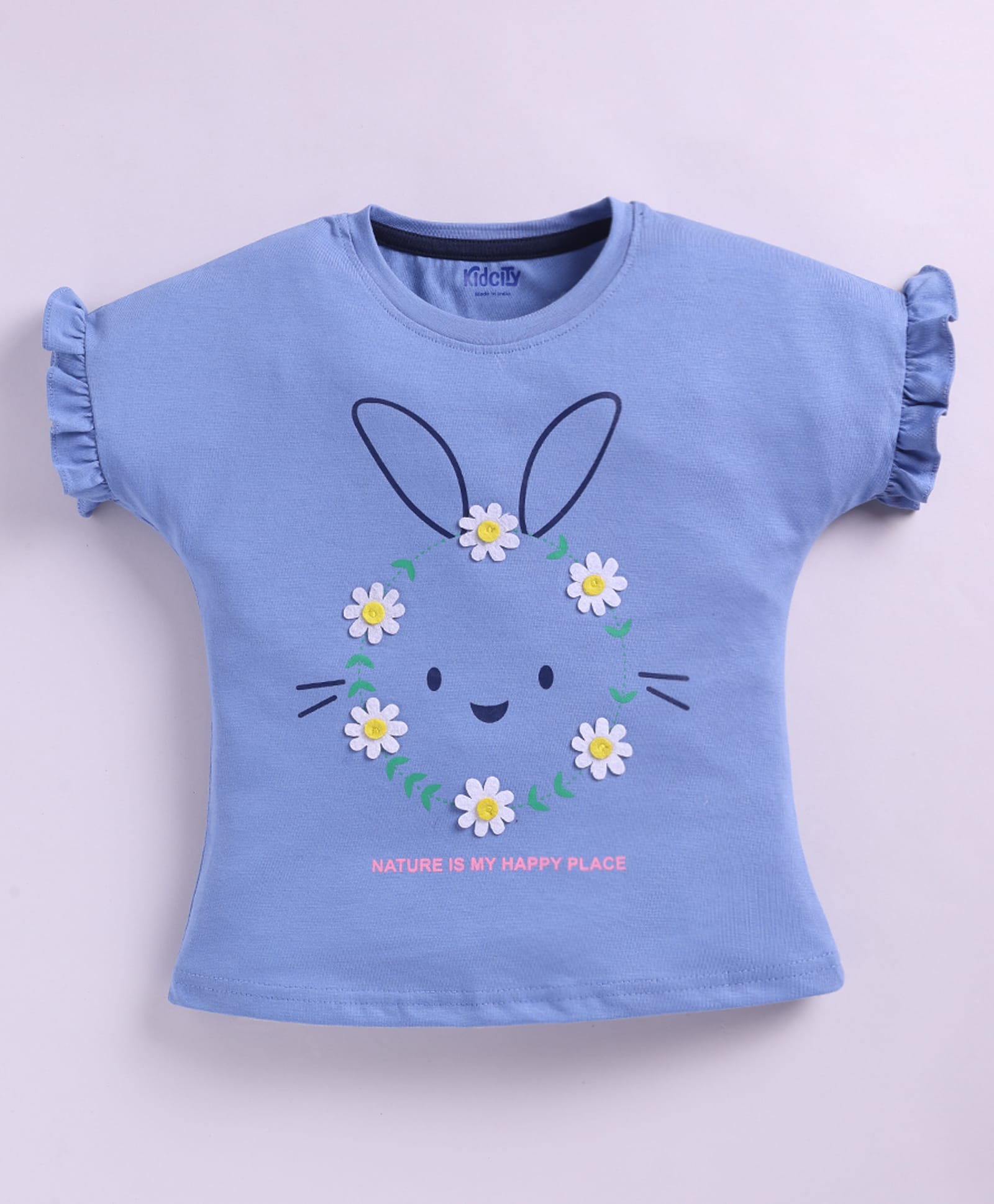 Kidcity Cotton Knit Half Sleeves Floral Embroidered Animal Designed Top - Aqua Blue-picture-38