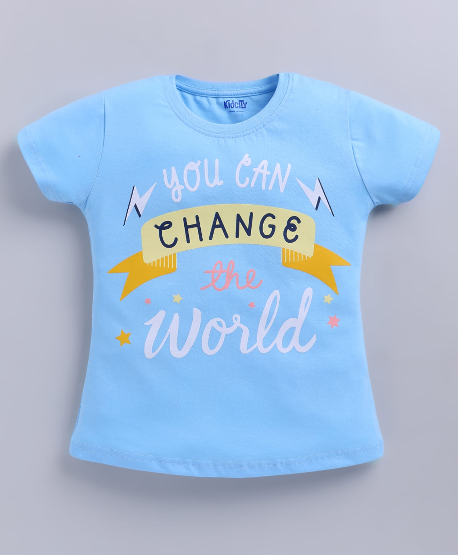 Kidcity Cotton Knit Half Sleeves You Can Change The World Text Printed Top - Light & Sky Blue-picture-15