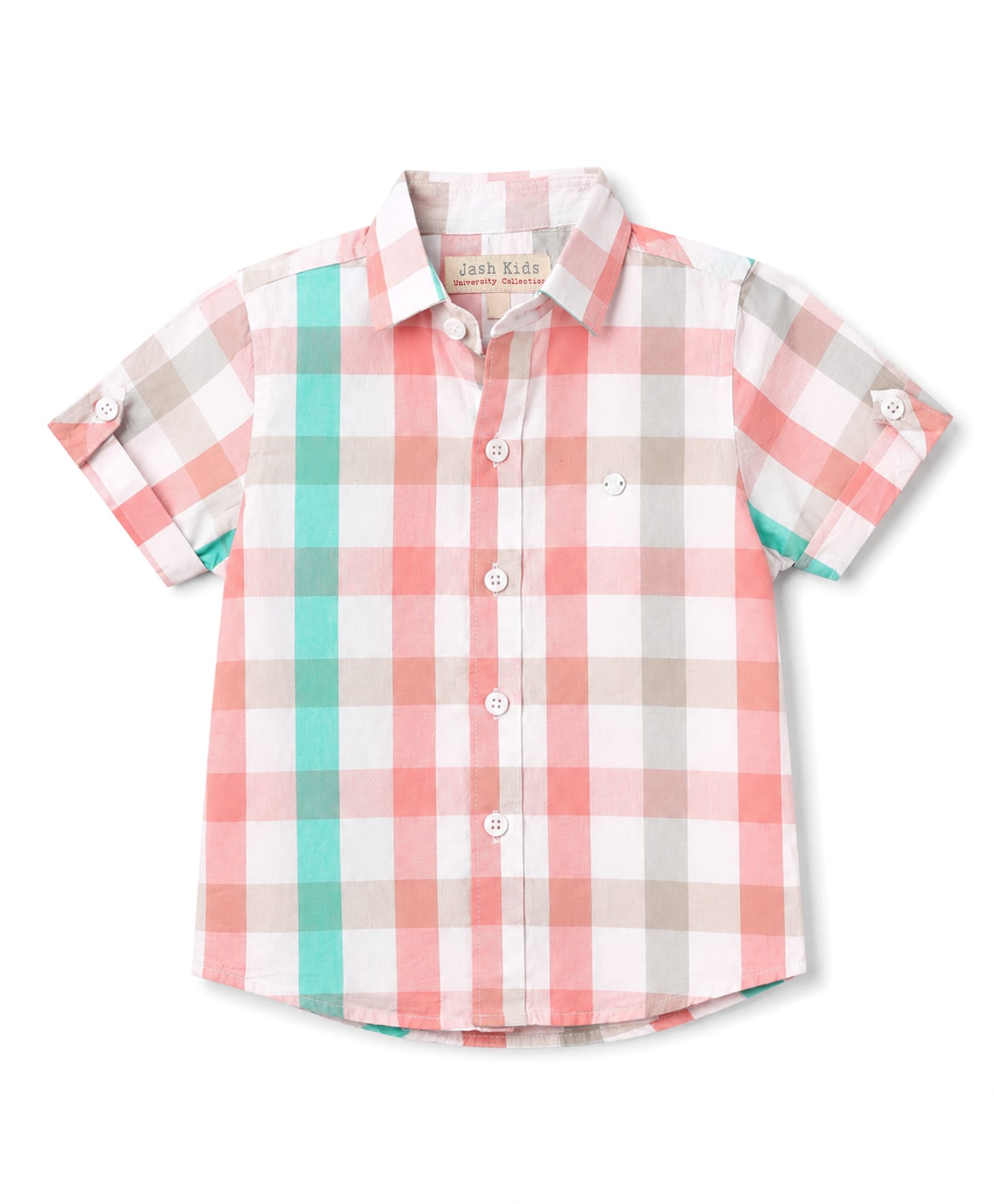 JASH KIDS Cotton Knit Half Sleeves Checks Shirt - Peach-image-28