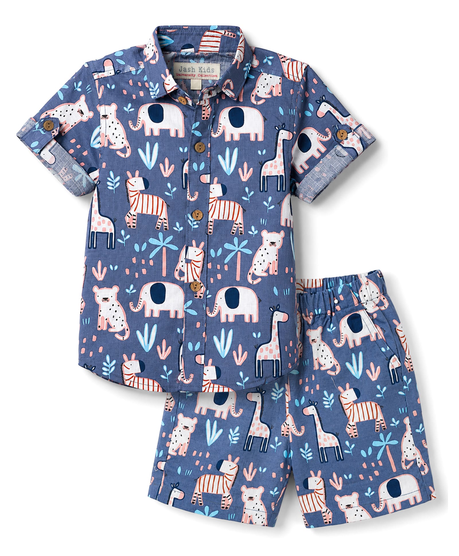 JASH KIDS Cotton Knit Half Sleeves Shirt & Shorts Co-Ord Set With Animal Print - Navy Blue-image-16