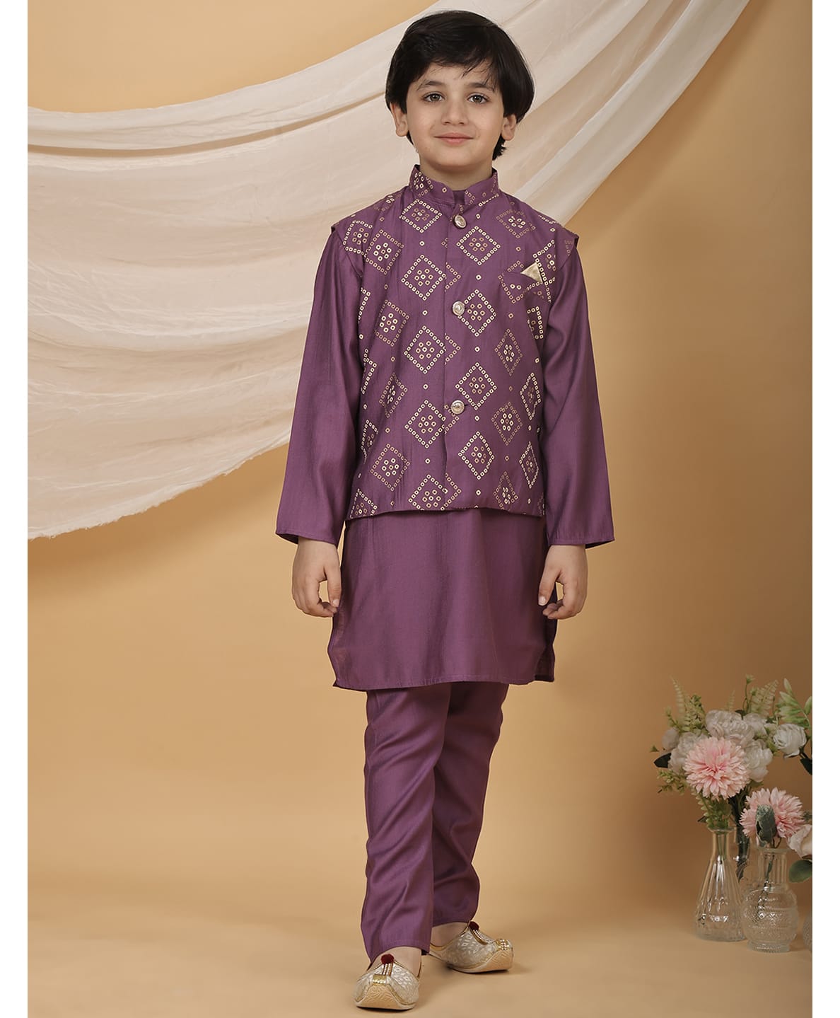 Superminis Silk Woven Full Sleeves Solid Kurta Pyjama With Bandhani Printed Jacket Set - Purple-picture-26