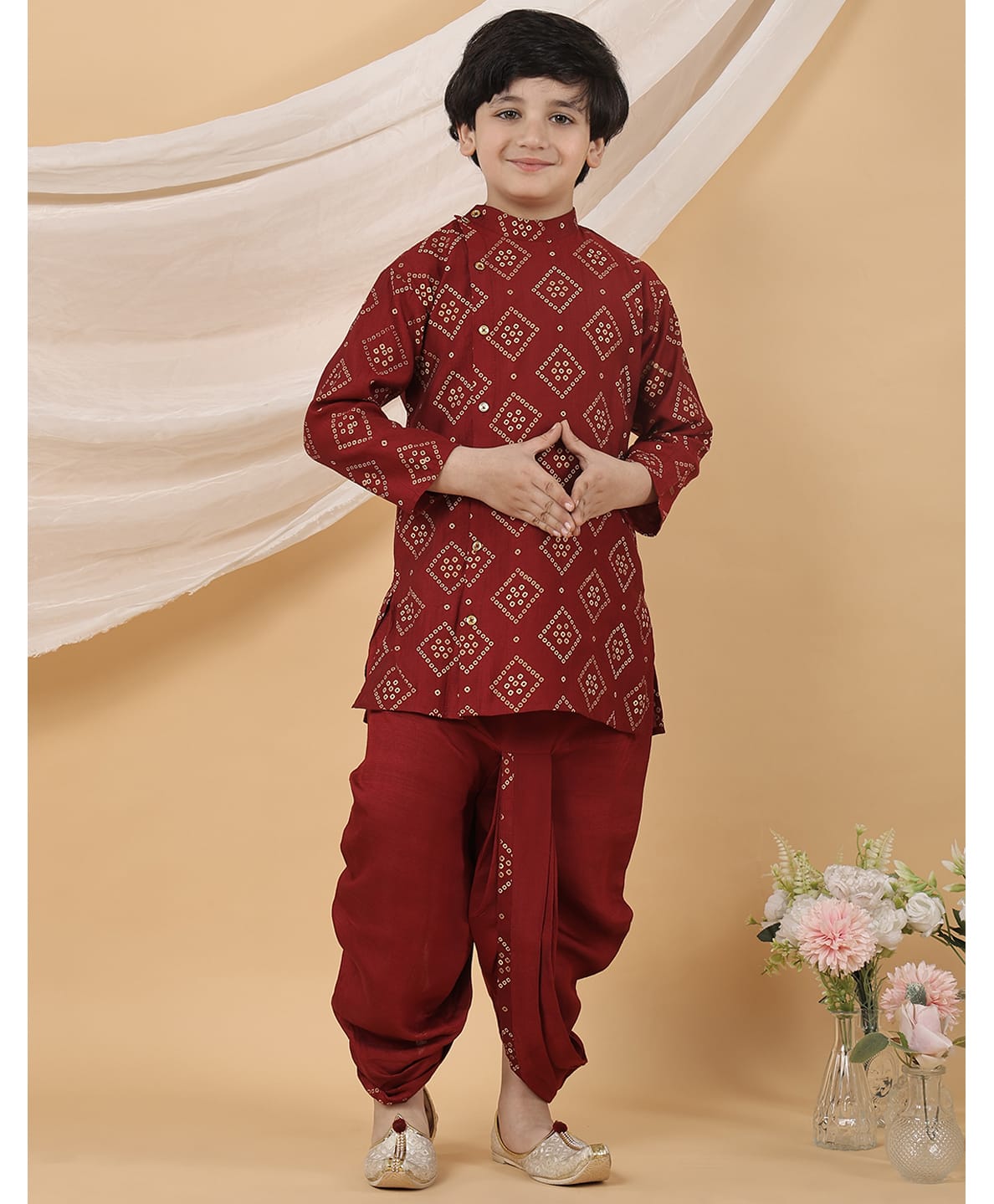 Superminis Silk Woven Full Sleeves Bandhani Printed Kurta & Dhoti Set - Maroon-image-15