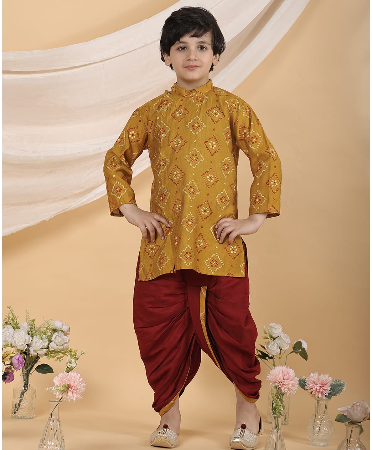 Superminis Silk Woven Full Sleeves Bandhani Printed Kurta & Dhoti Set - Yellow-image-42