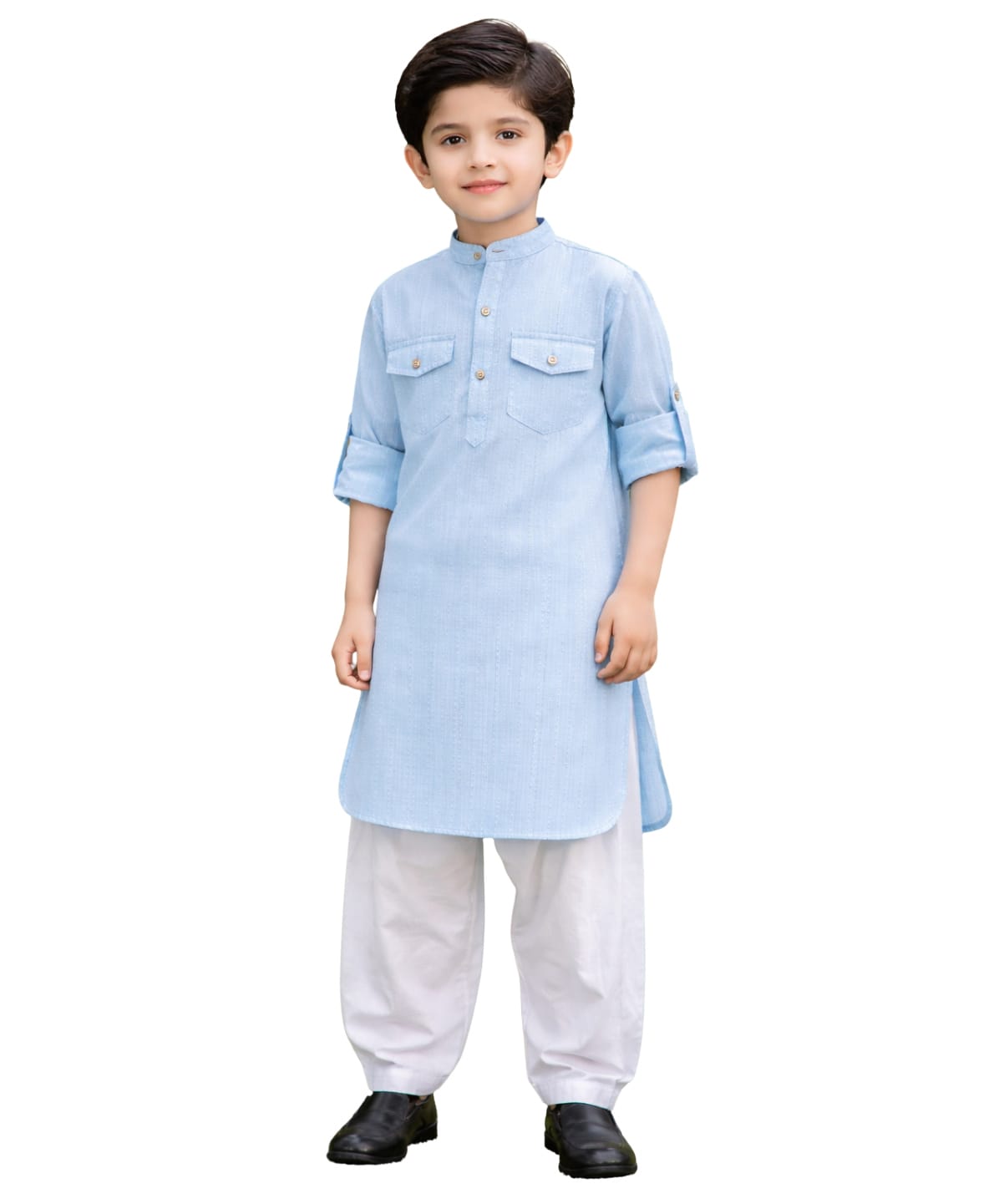 Superminis Cotton Blend Woven Full Sleeves Solid Kurta With Pathani Set - Sky Blue-image-35