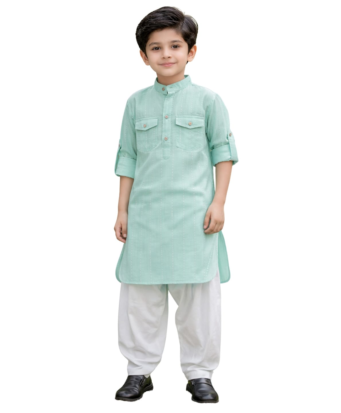 Superminis Cotton Blend Woven Full Sleeves Solid Kurta With Pathani Set - Sea Green-picture-20