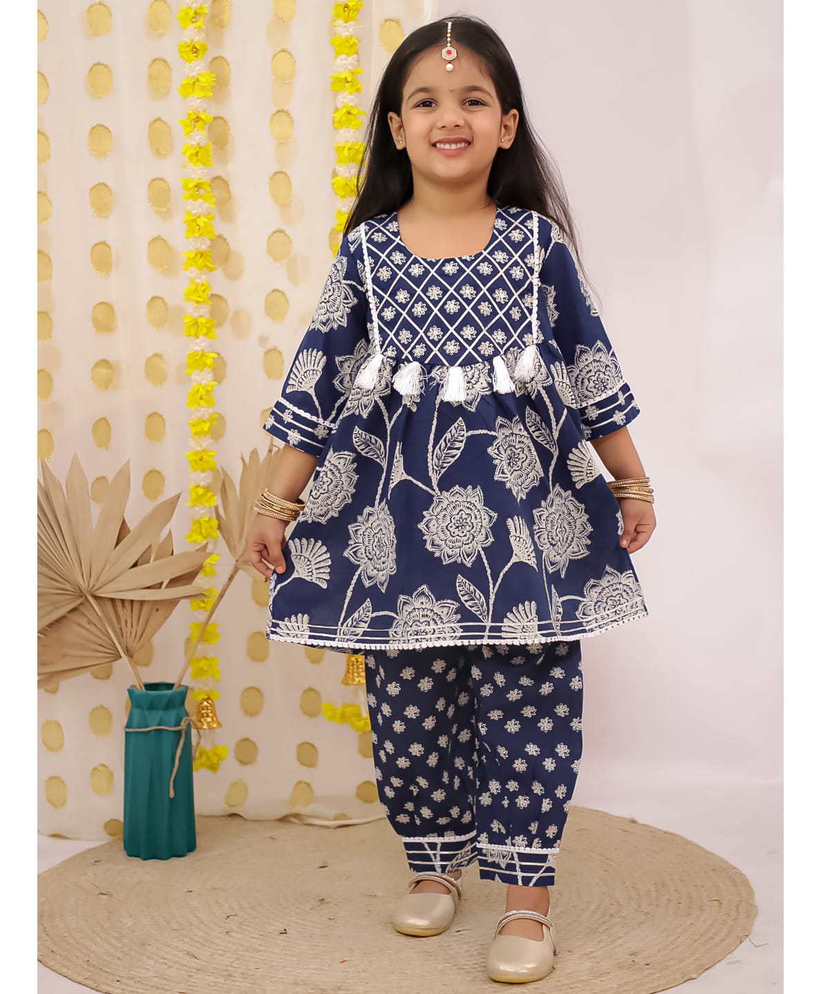 Superminis Cotton Woven Three Fourth Sleeves Floral Printed Afghani Kurti & Salwar Set - Navy Blue-picture-28