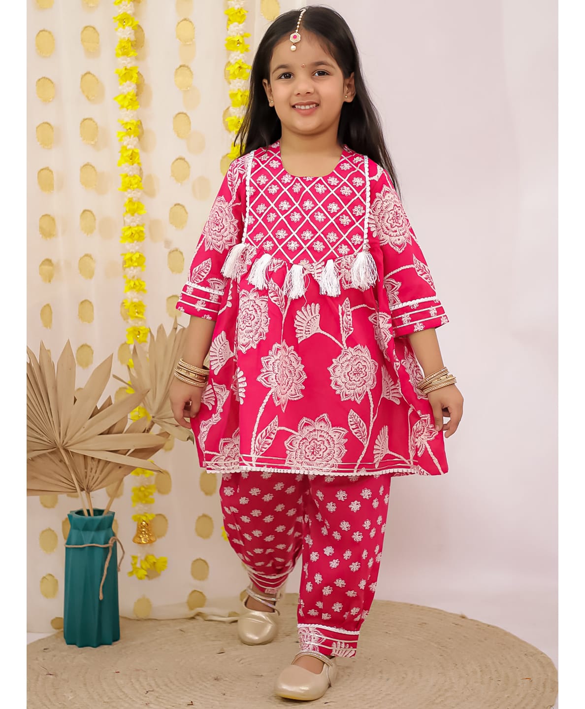 Superminis Cotton Woven Three Fourth Sleeves Floral Printed Afghani Kurti & Salwar Set - Magenta Pink-picture-27