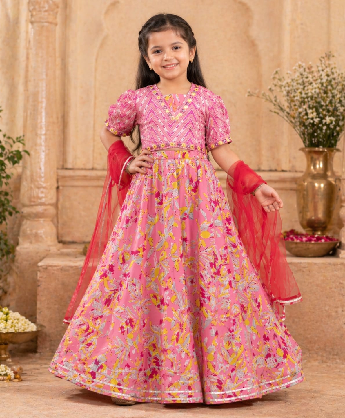 Superminis Cotton Woven Half Sleeves Floral & Chevron Printed Lehenga & Choli Set With Dupatta - Pink-picture-33