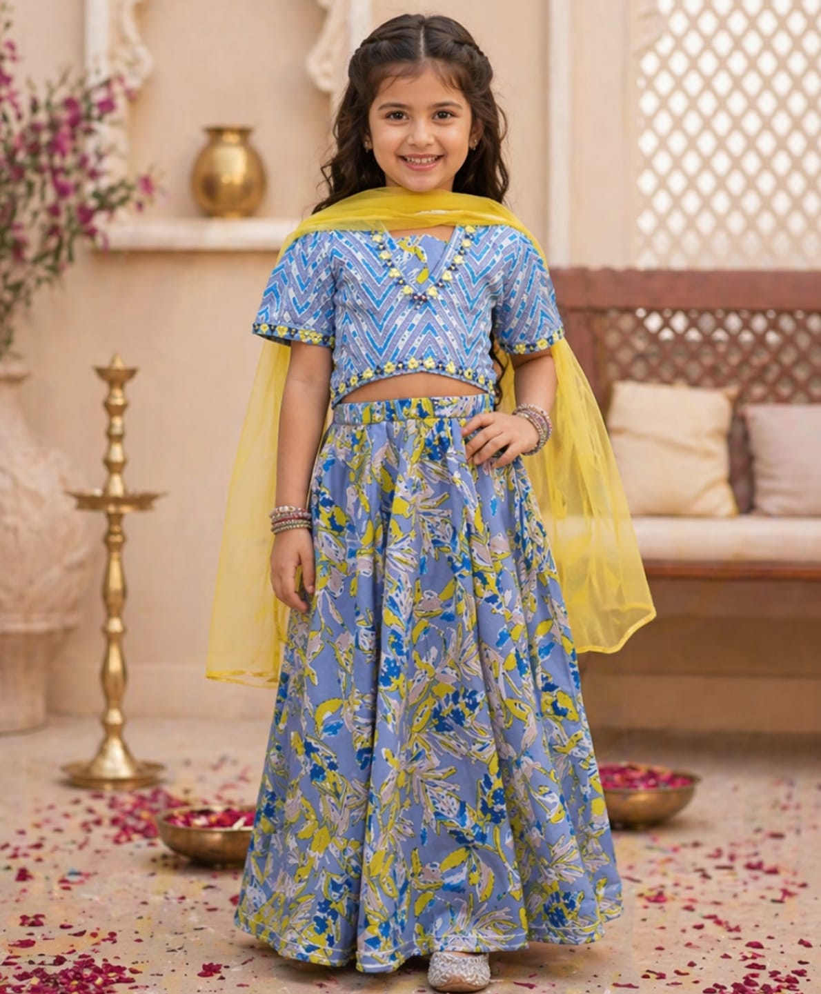Superminis Cotton Woven Half Sleeves Floral & Chevron Printed Lehenga & Choli Set With Dupatta - Blue-picture-10