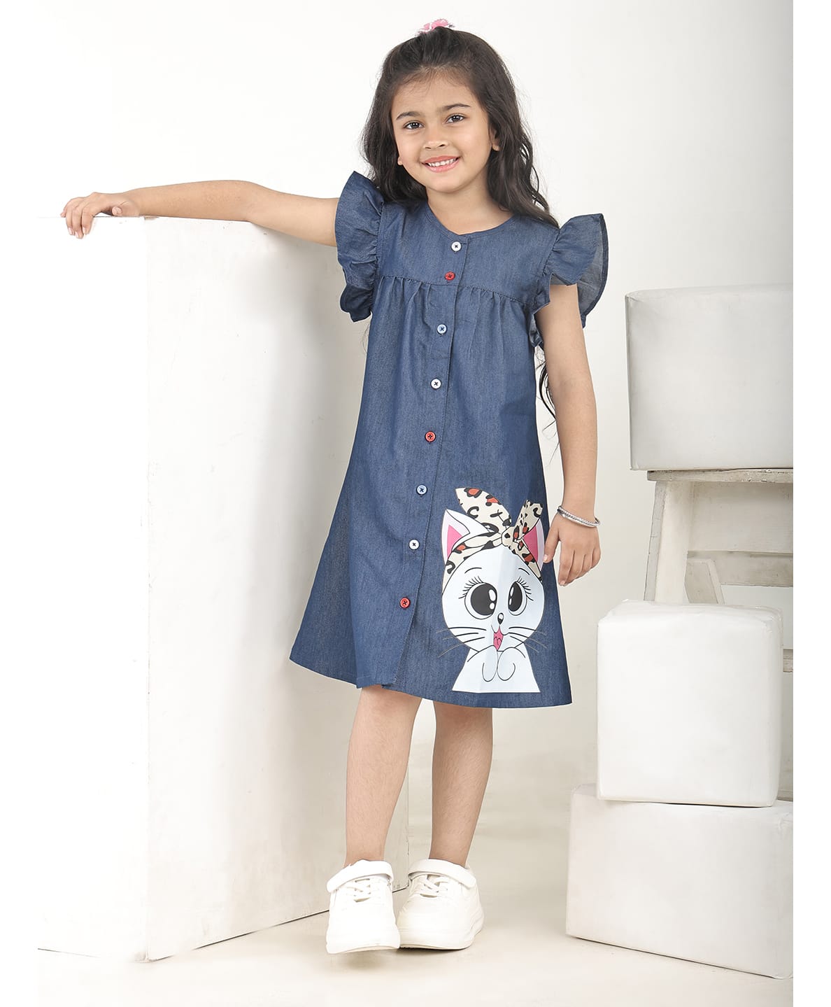 Superminis Denim Half Frill Sleeves Kitten Printed Dress - Blue-image-21