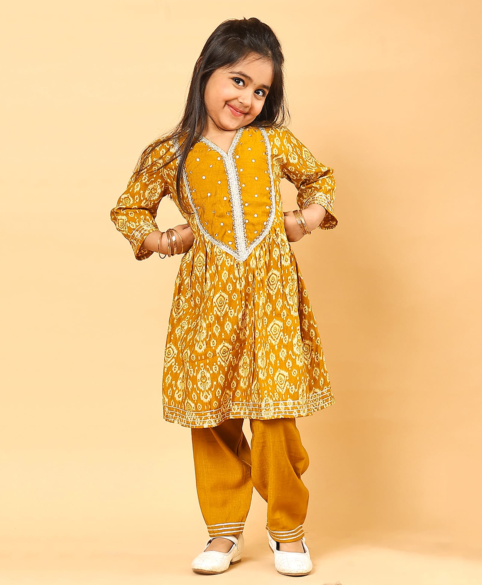 Superminis Silk Woven Three Fourth Sleeves Sequin & Lace Embellished Abstract Printed Kurti & Pant Set - Mustard-image-22