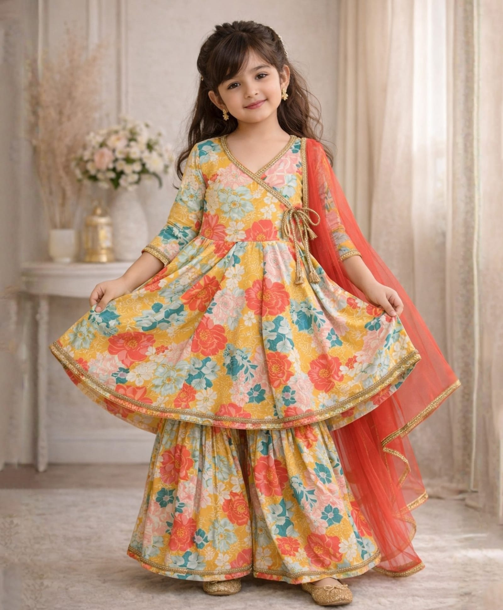 Superminis Rayon Woven Three Fourth Sleeves Floral Printed Kurti & Sharara Set With Dupatta - Yellow-image-40