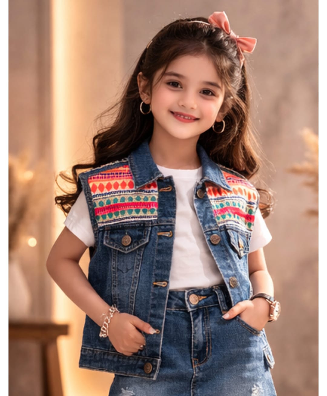 Superminis Denim Knit Sleeveless Abstract Embroidered Jacket - Blue-picture-17