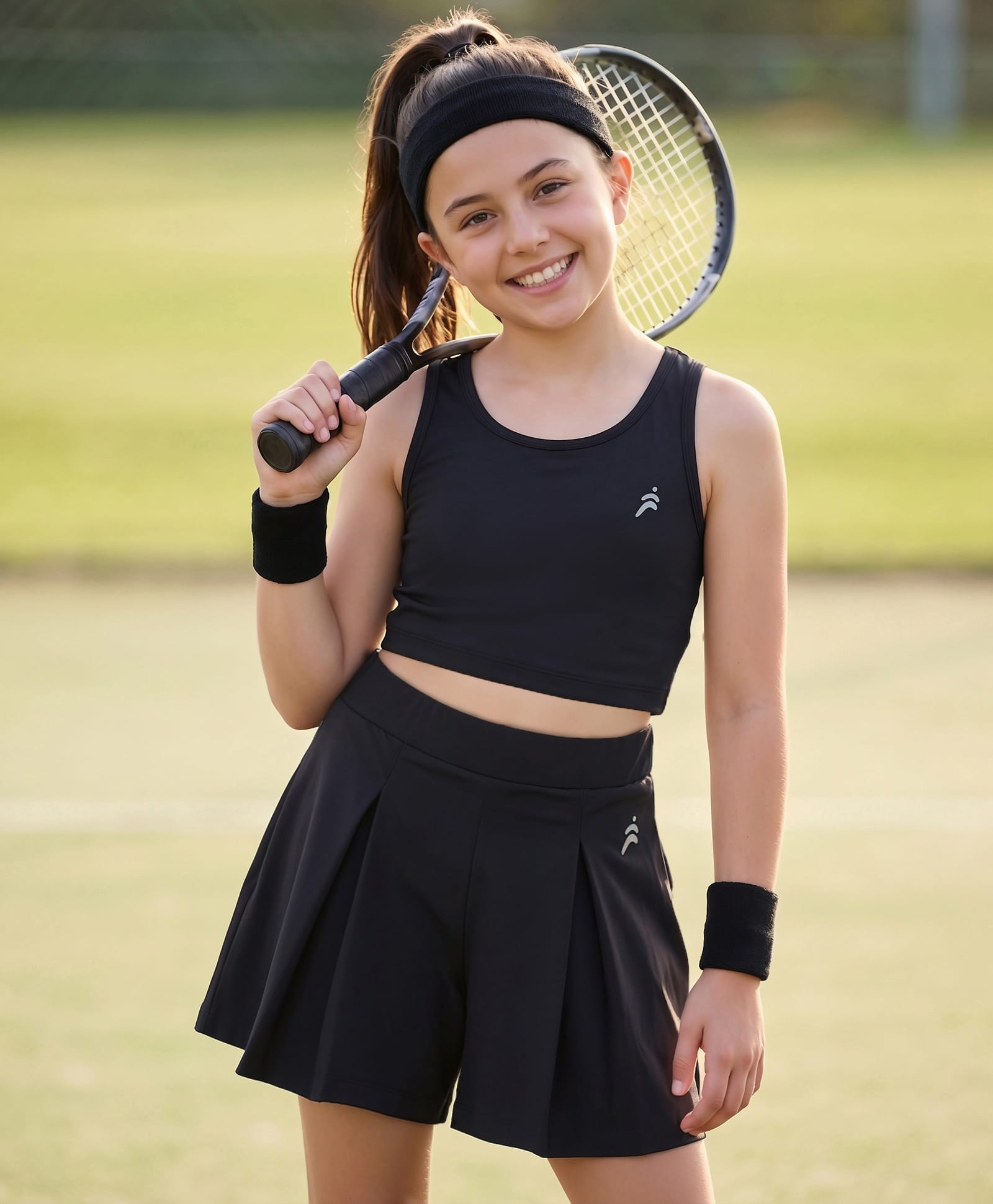 Pine Active Knit Sleeveless Solid Tank top and Flared Skirt Tennis Set - Black-picture-25