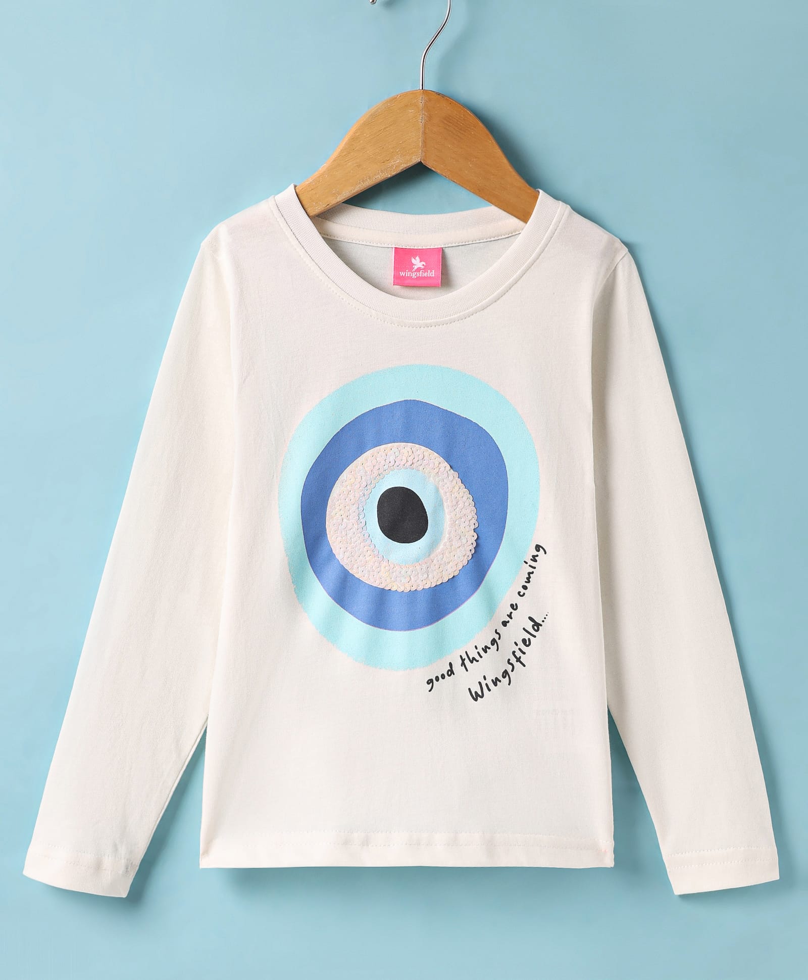 Wingsfield Half Sleeves Sequins Embellished Evil Eye Printed Top - Cream-image-23