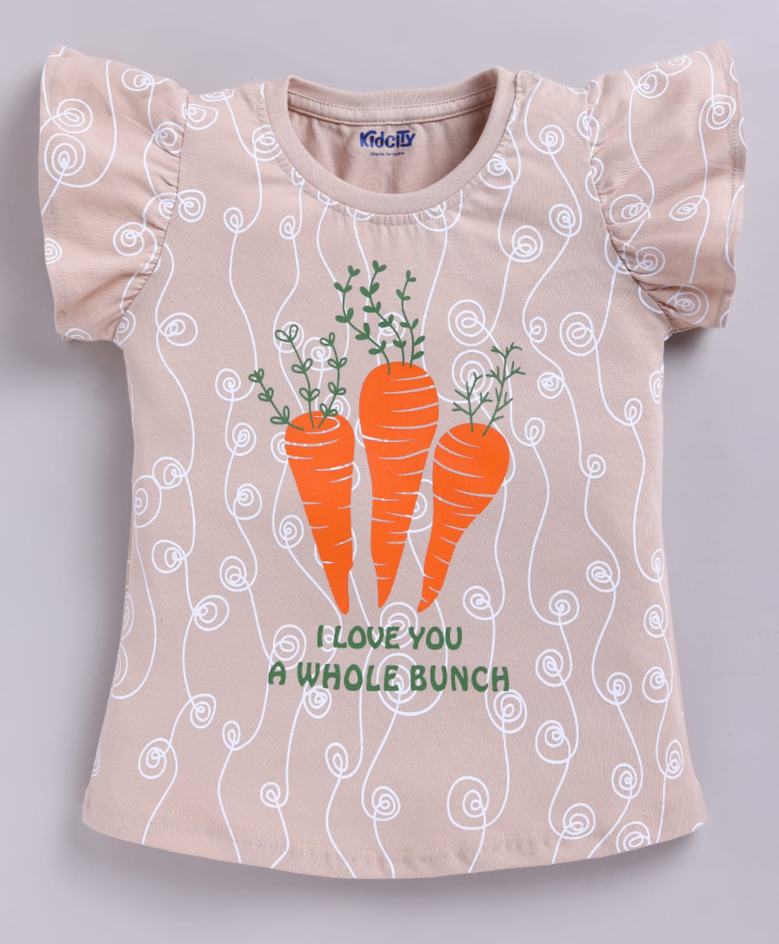 Kidcity Cotton Knit Half Frill Sleeves Carrots Printed Top - Cream-image-18