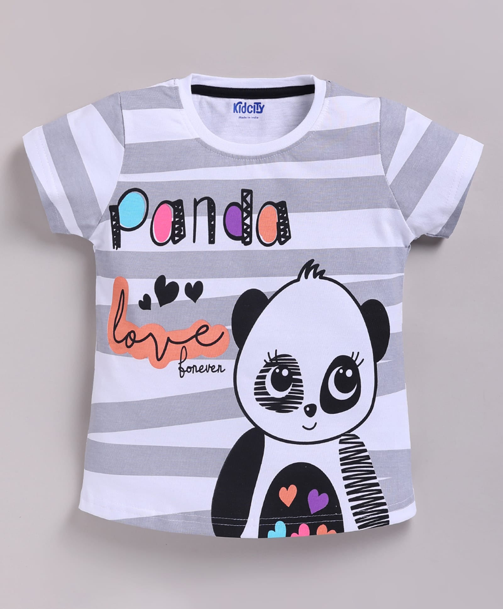 Kidcity Cotton Knit Half Sleeves Panda Printed Striped Top - White-image-3