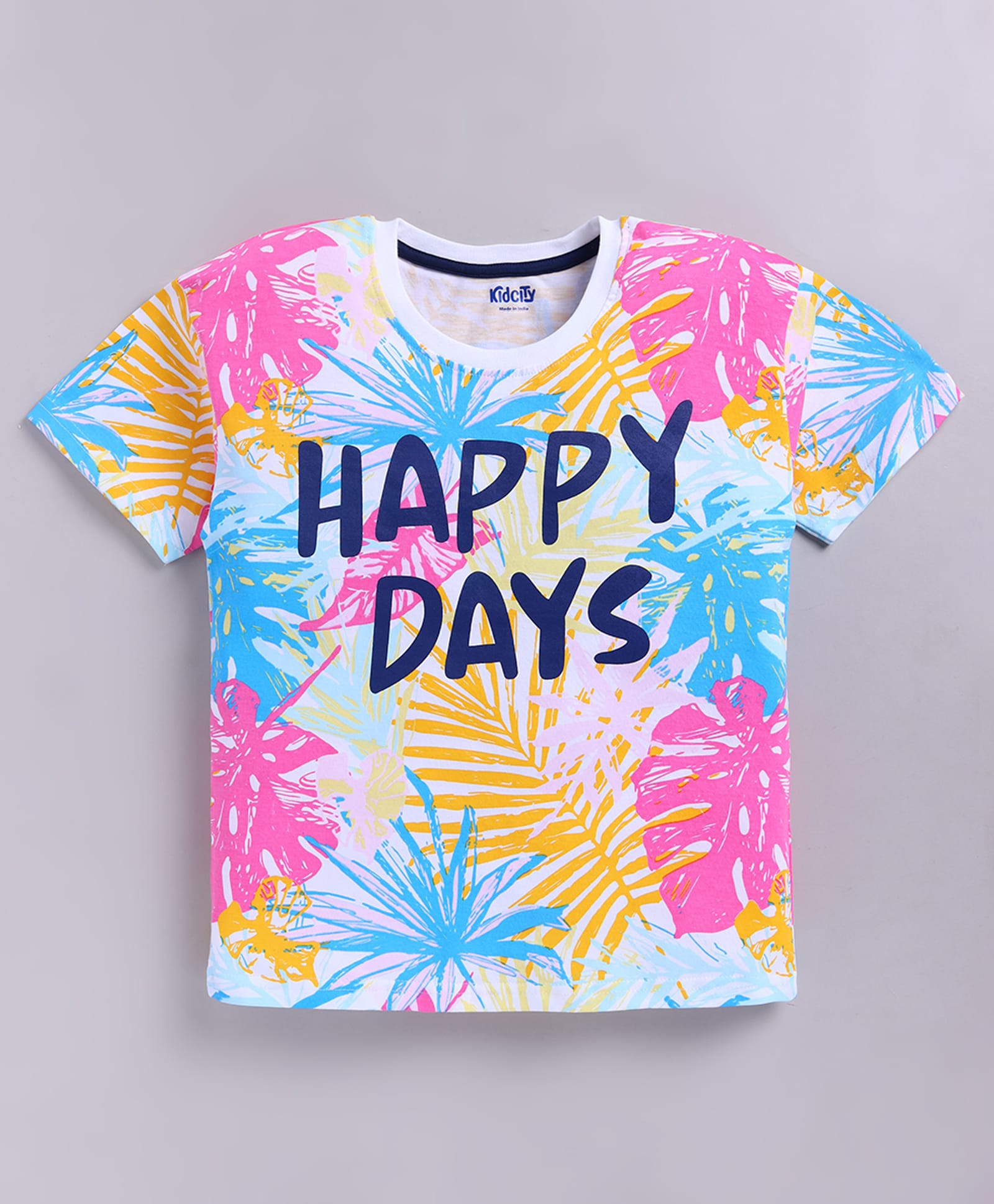 Kidcity Cotton Knit Half Sleeves Leaves & Happy Days Text Printed Top - White-picture-24